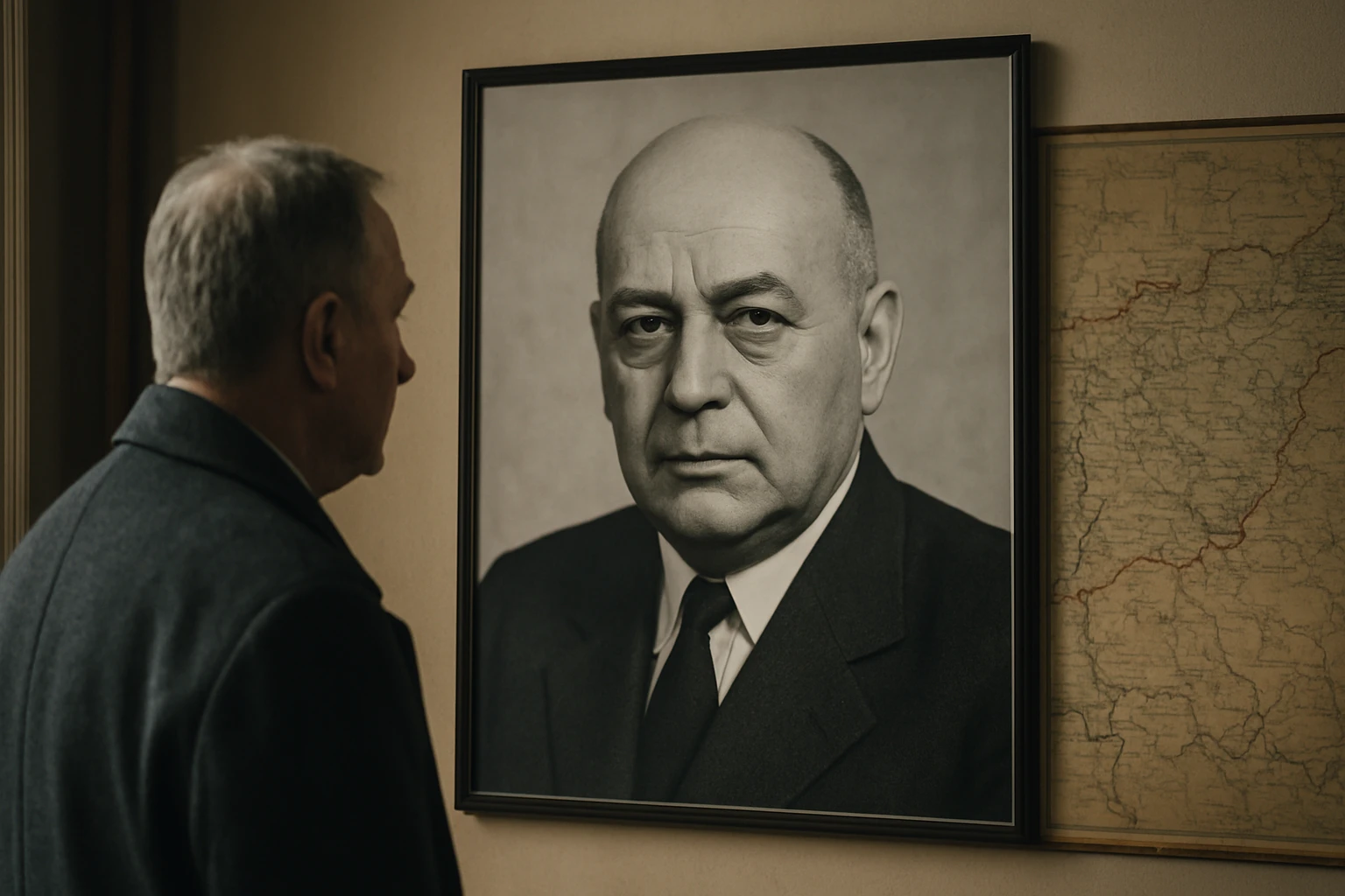 Ein Mann betrachtet ein Porträt eines ernst blickenden Mannes in einem Anzug.