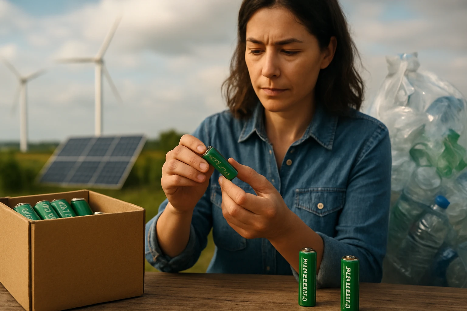 Eine Frau untersucht eine Batterie in einer ländlichen Umgebung mit Windrädern und Solarpanelen.
