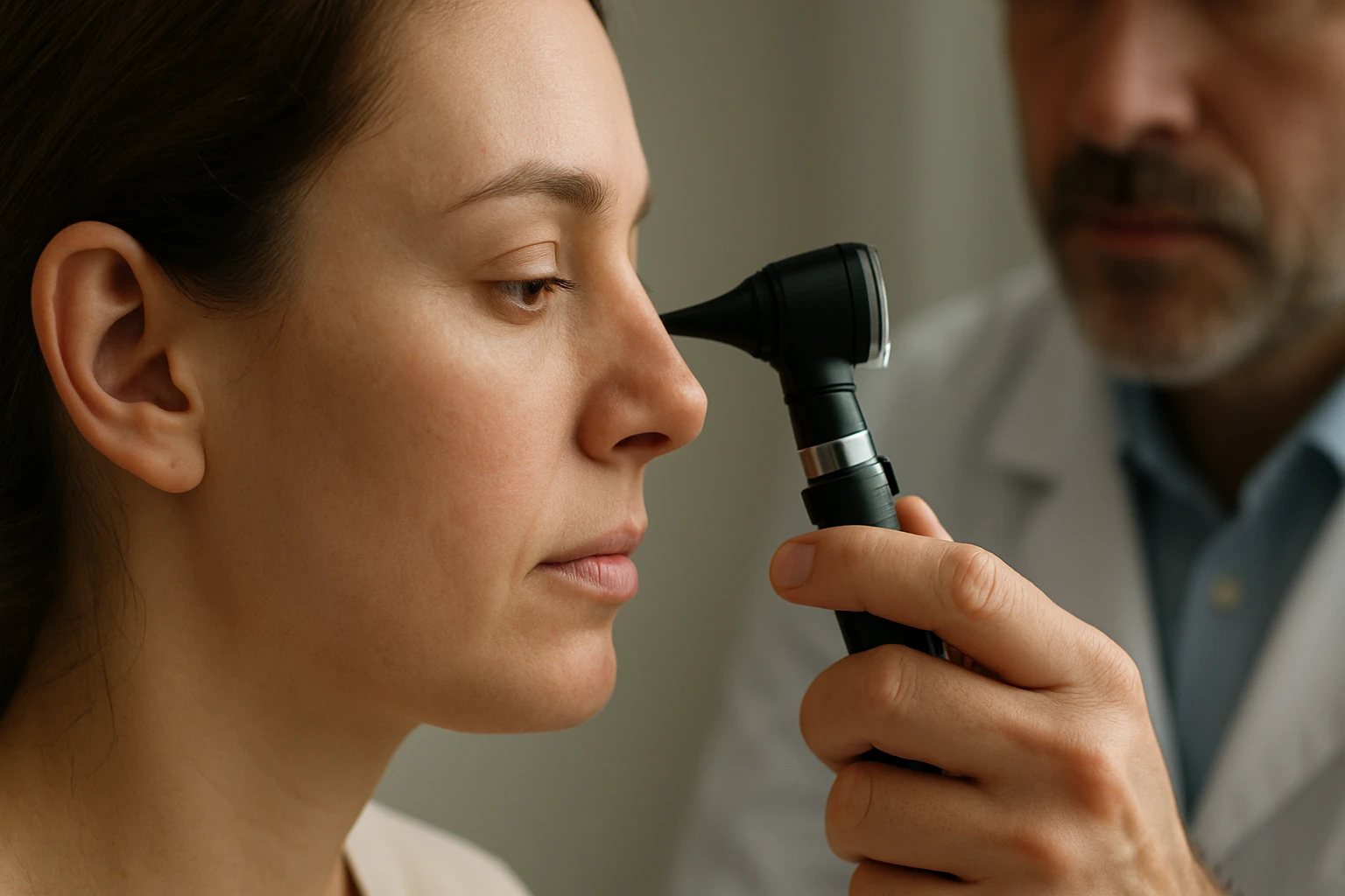 Eine Ärztin untersucht das Ohr einer Patientin mit einem Otoskop.