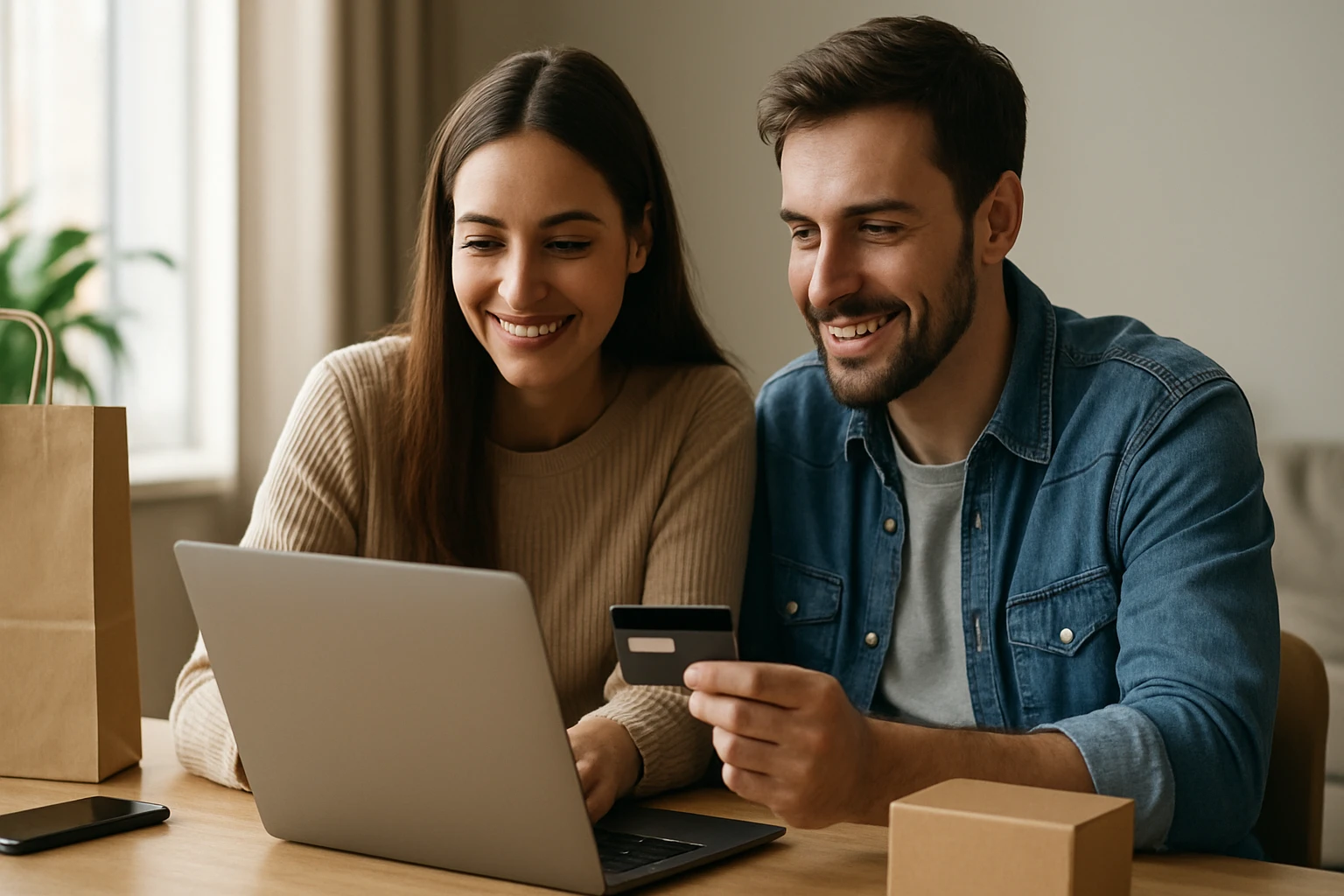 Ein Paar sitzt am Tisch und kauft online mit einem Laptop und einer Kreditkarte.