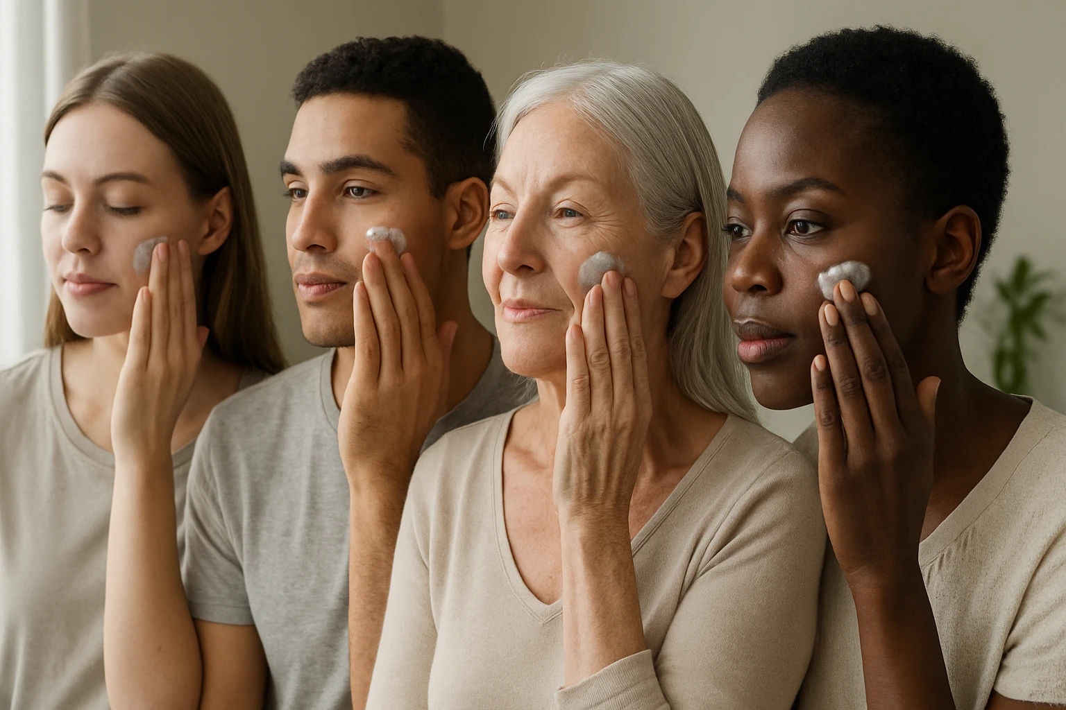 Vier Personen unterschiedlichen Alters und Geschlechts tragen Gesichtscreme auf ihre Wangen auf.
