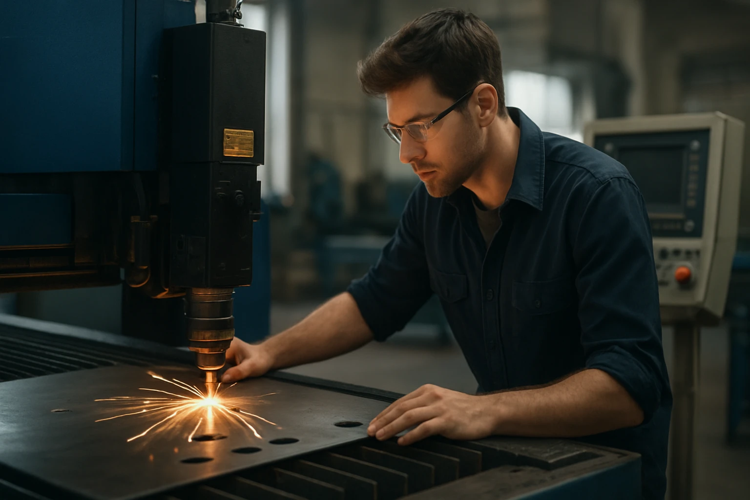 Ein Mann arbeitet konzentriert an einer Holzfräse in einer Werkstatt.