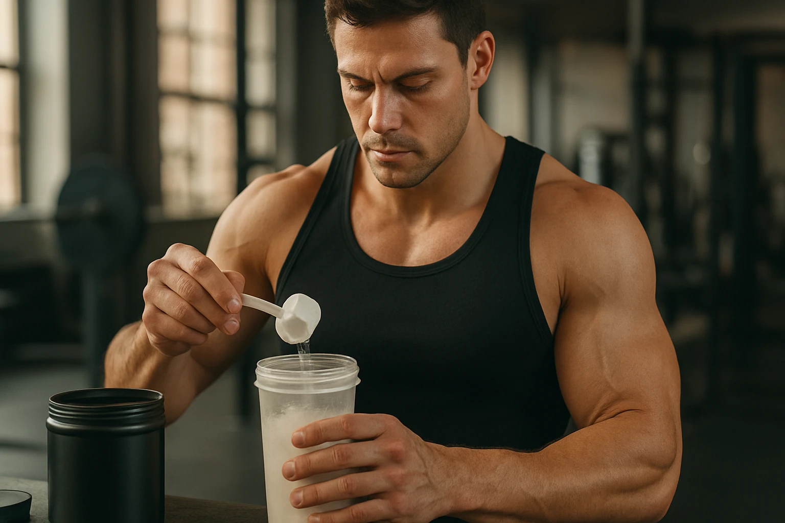 Ein muskulöser Mann mischt Proteinpulver in einem Shaker in einem Fitnessstudio.