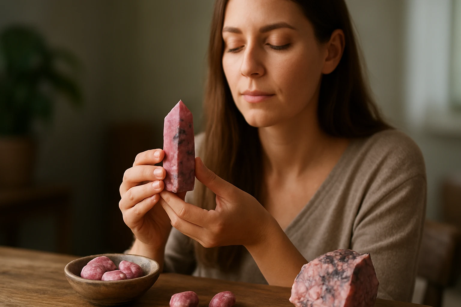 Eine Frau hält einen rosa Kristall in der Hand und betrachtet ihn aufmerksam.