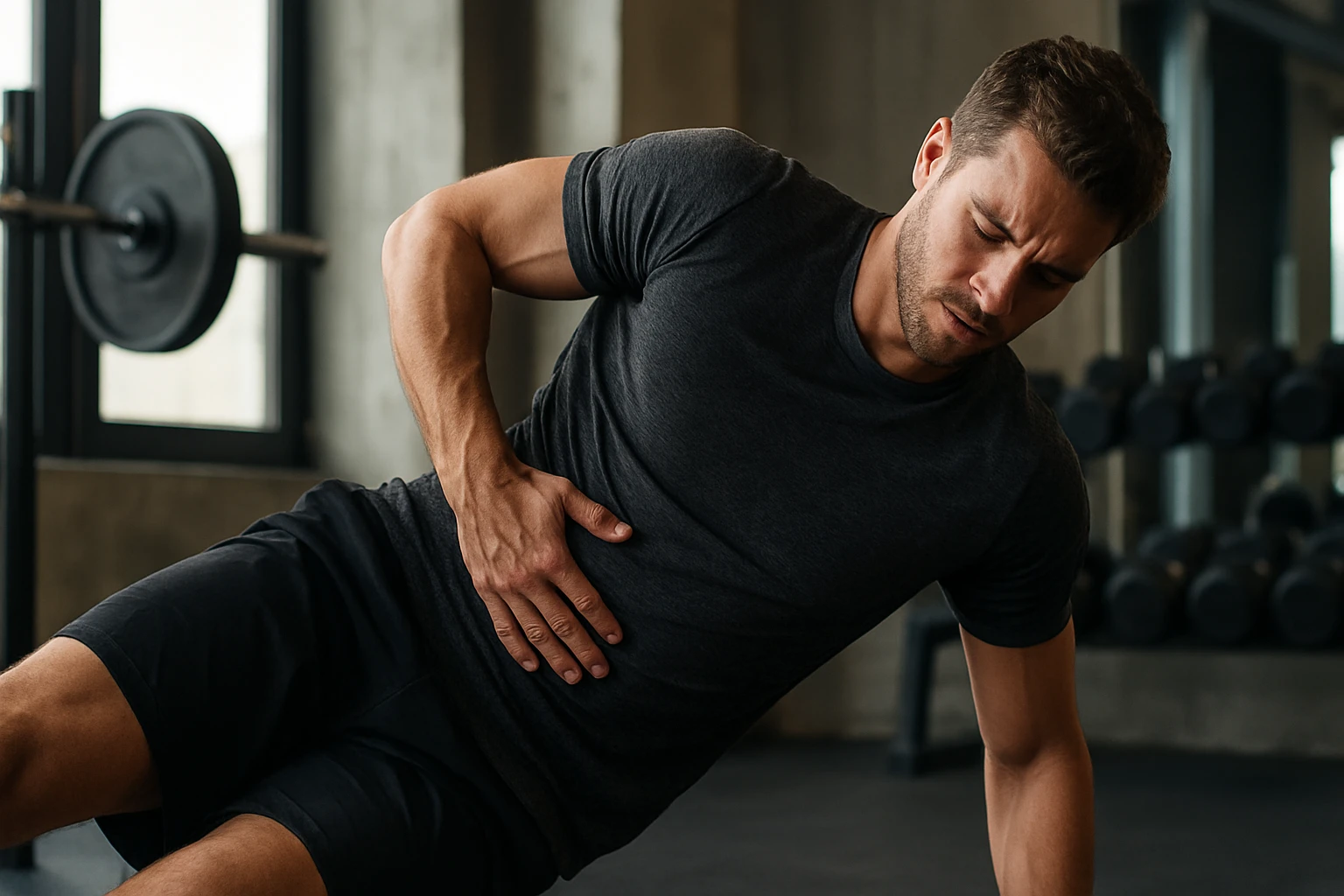 Ein Mann im Fitnessstudio hält sich den Bauch und zeigt Anzeichen von Schmerzen.