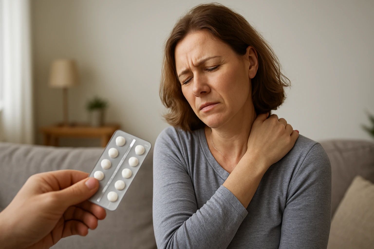 Eine Frau mit Nackenschmerzen hält sich den Hals und schaut besorgt auf eine Tablettenpackung.