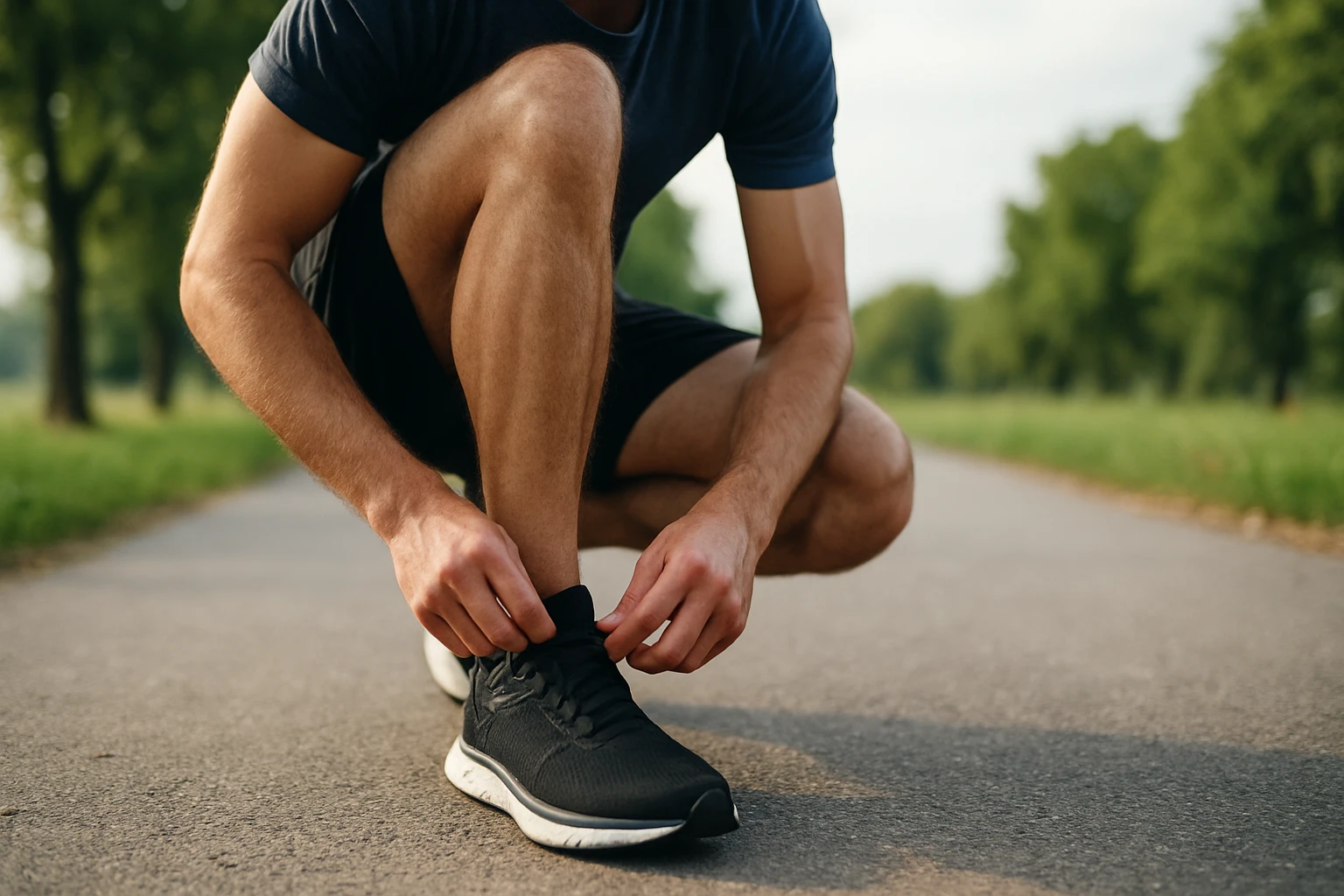 Ein Mann bindet seine Sportschuhe auf einem Weg in einem Park.