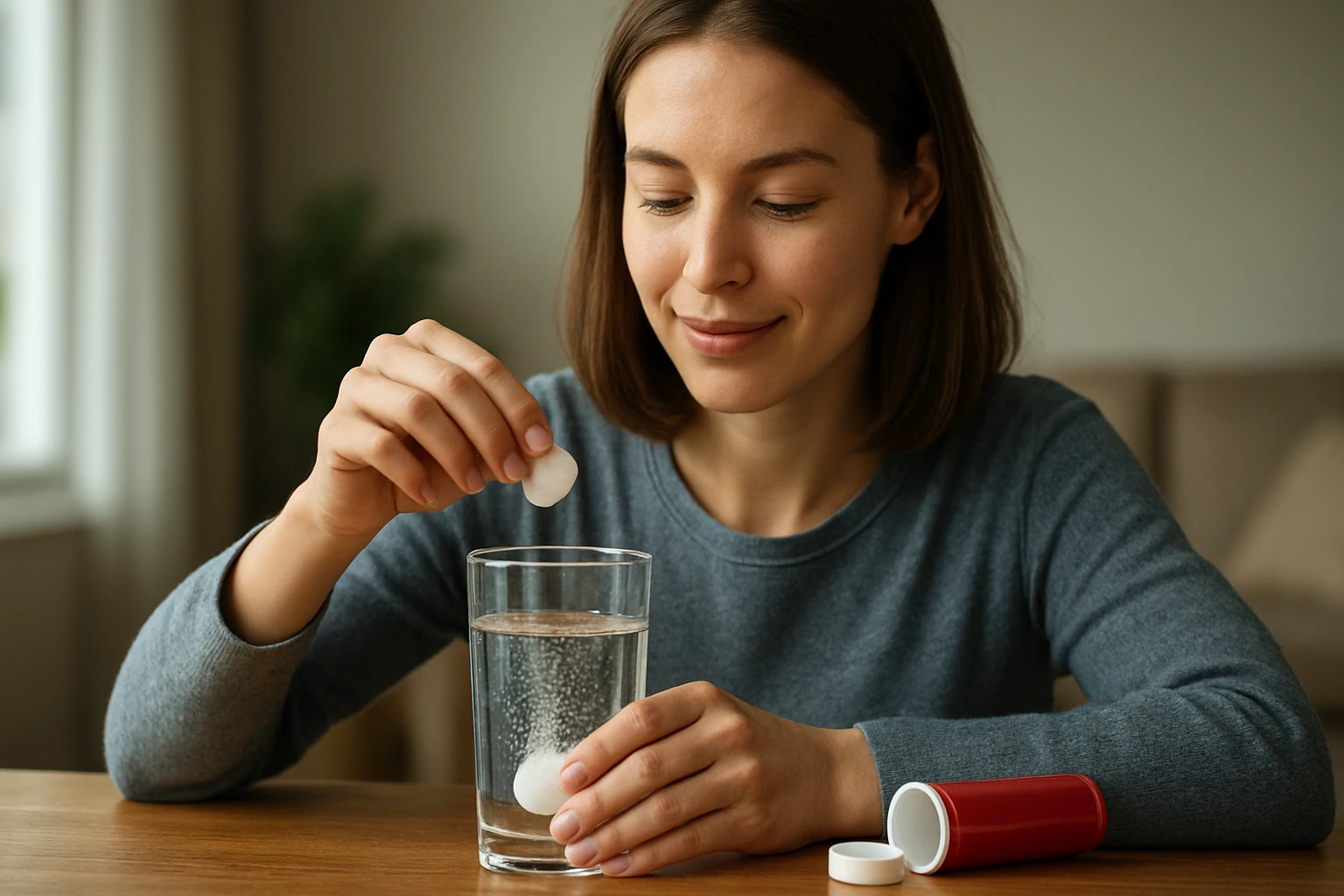 Eine Frau mit dunklen Haaren sitzt an einem Tisch und hält sich den Kopf.