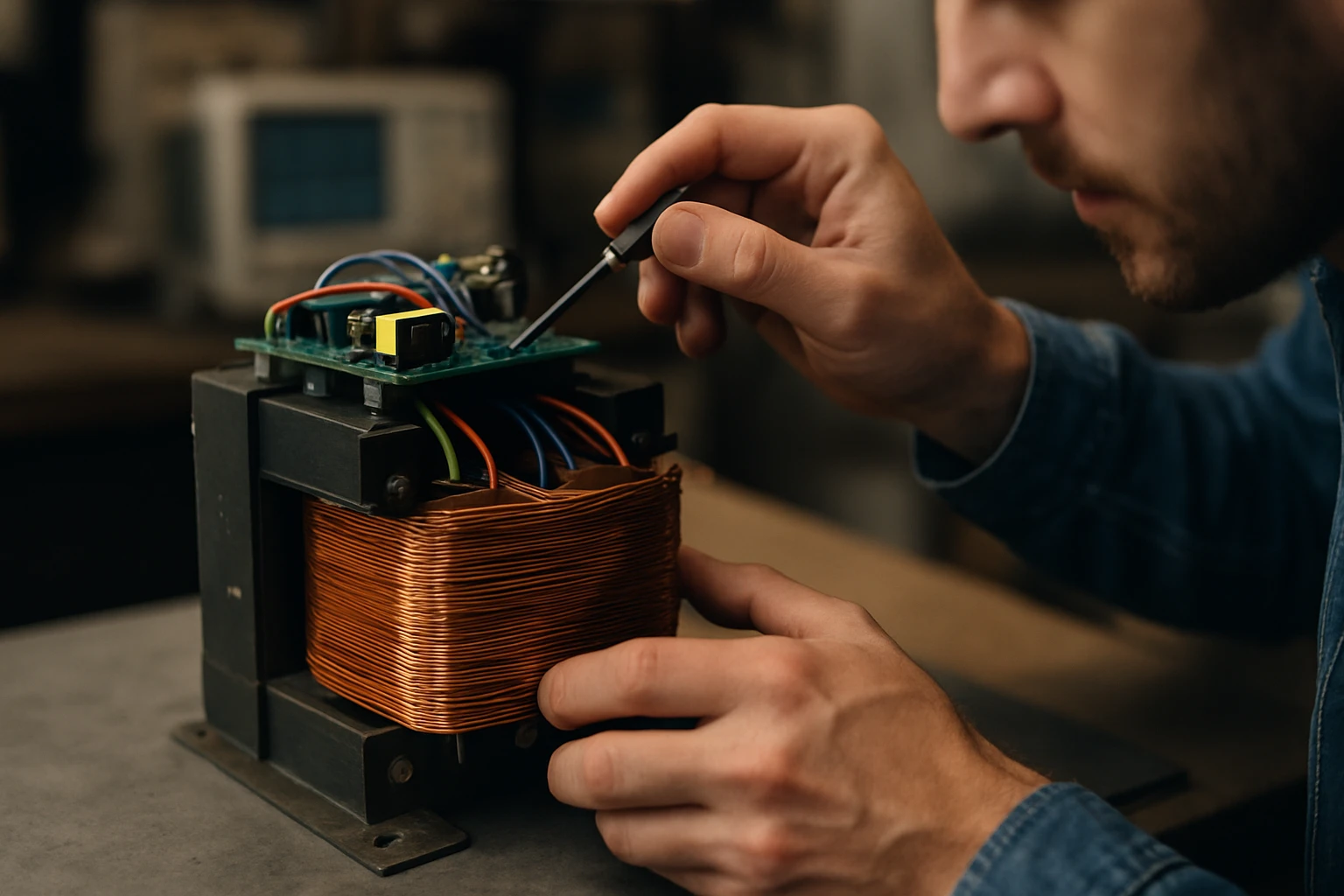 Ein Techniker arbeitet an einer elektrischen Schaltung mit Drähten und einer Spule.