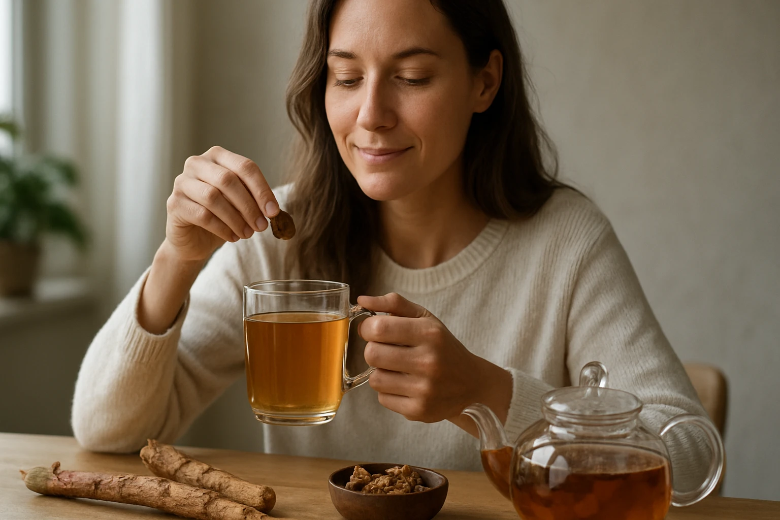 Eine Frau genießt eine Tasse Tee und fügt einen Snack hinzu.