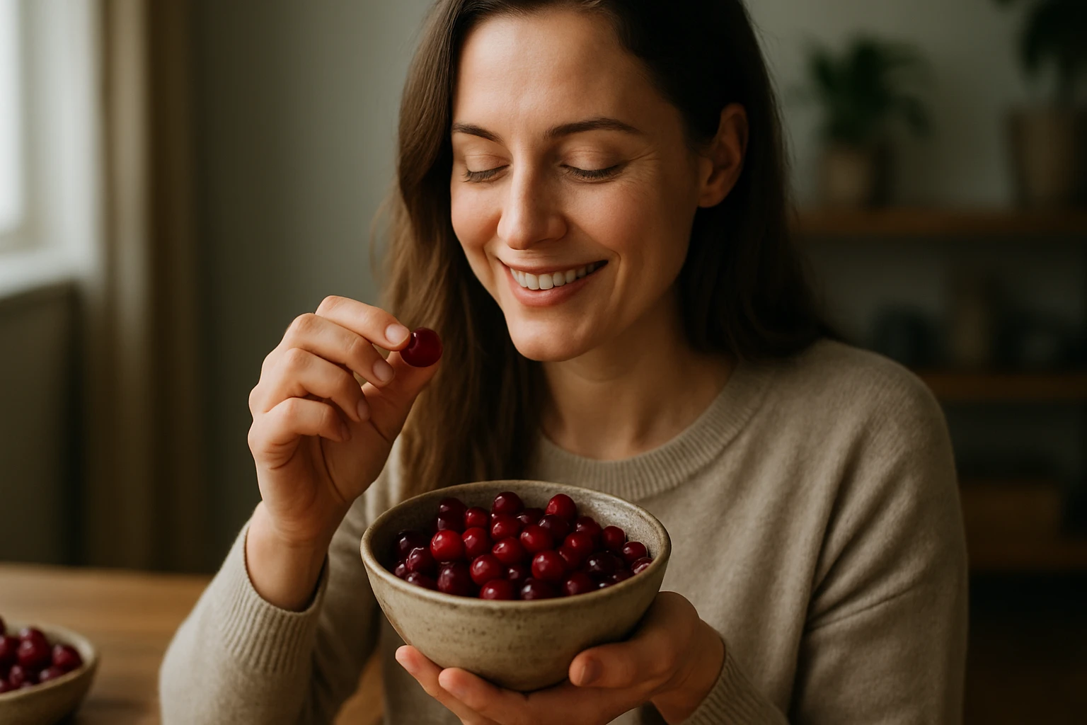 Eine Frau trinkt Wasser aus einem Glas, während sie an einem Tisch sitzt.