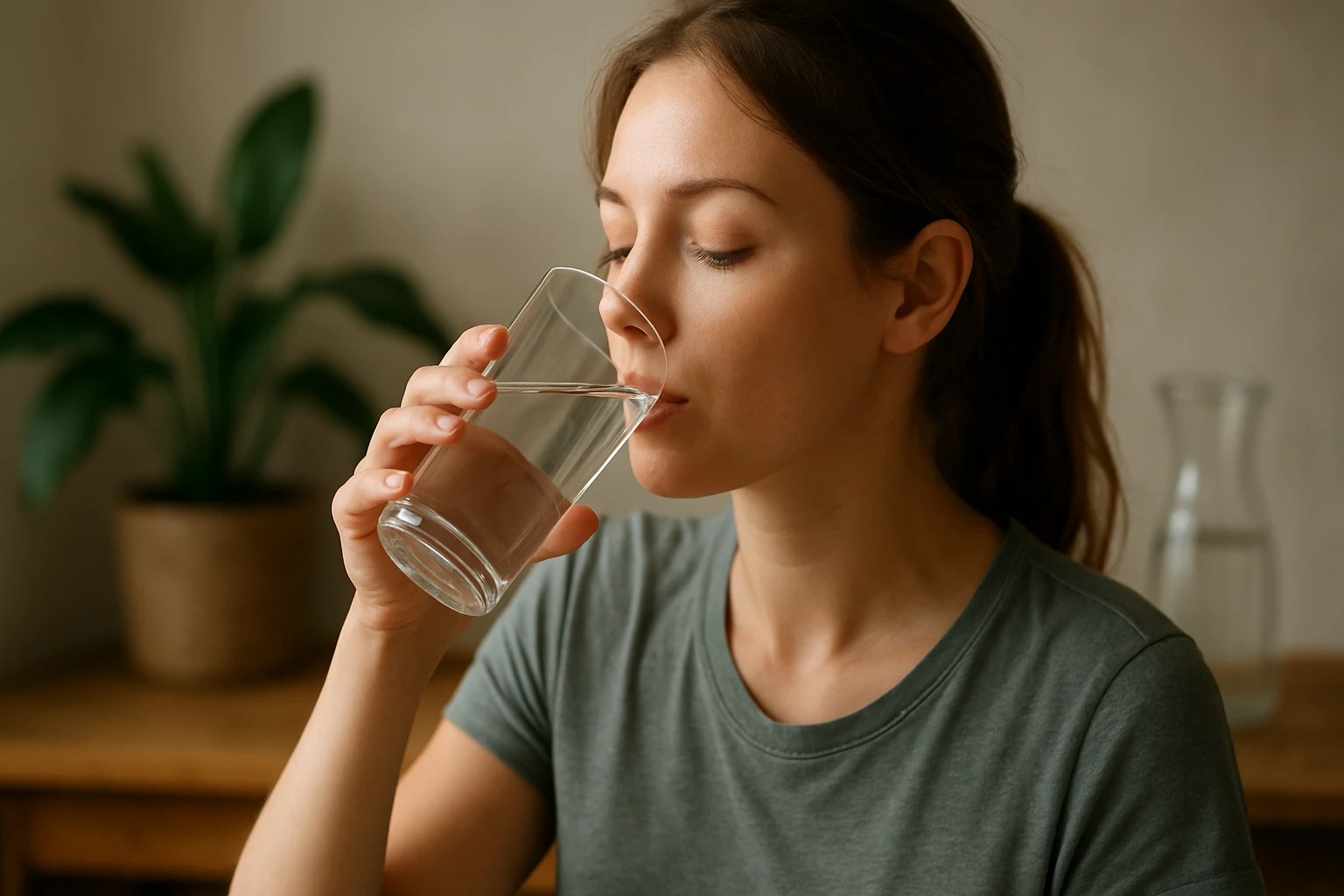 Eine Frau trinkt Wasser aus einem Glas, während sie entspannt sitzt.
