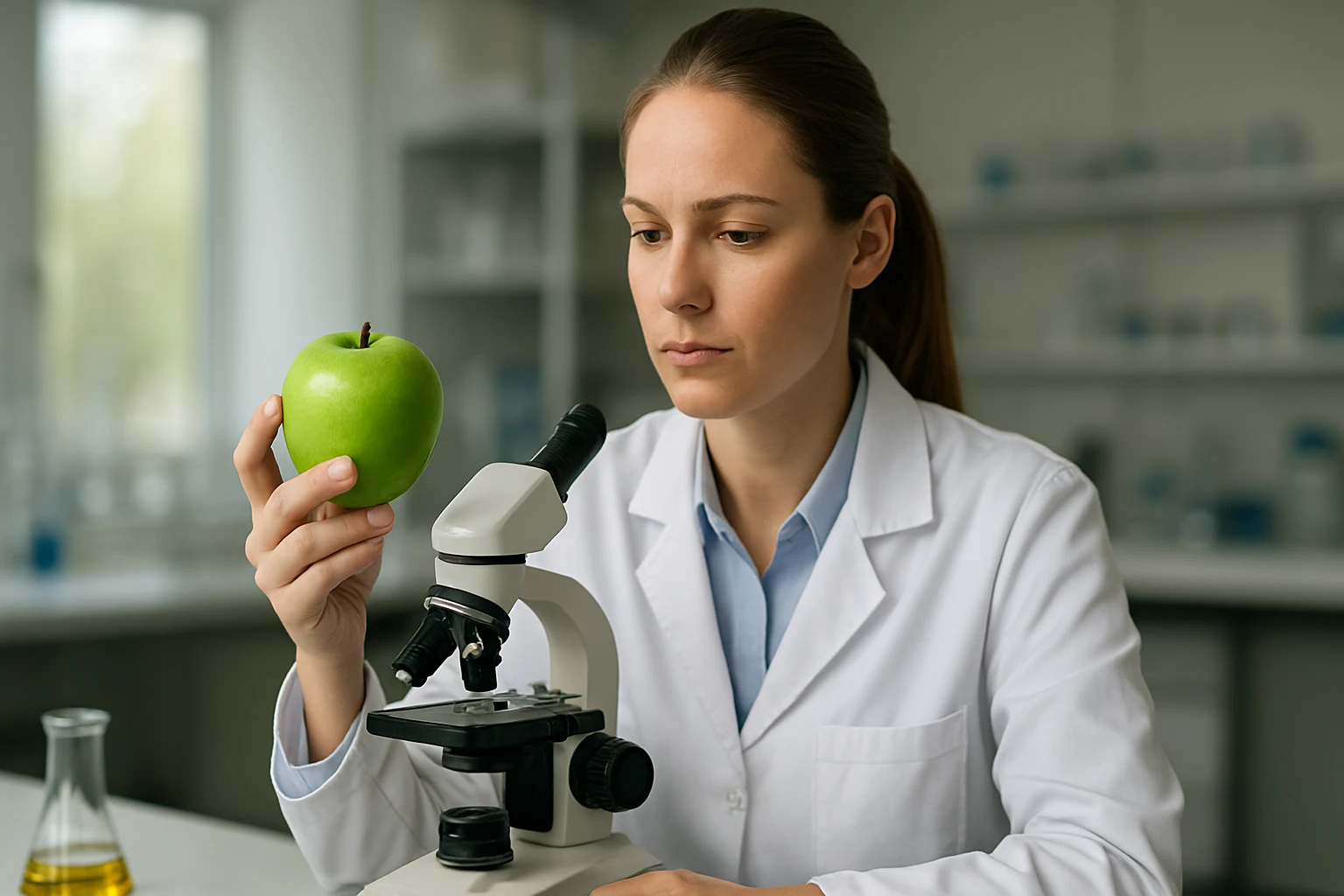 Eine Wissenschaftlerin hält einen grünen Apfel in der Hand und schaut durch ein Mikroskop.