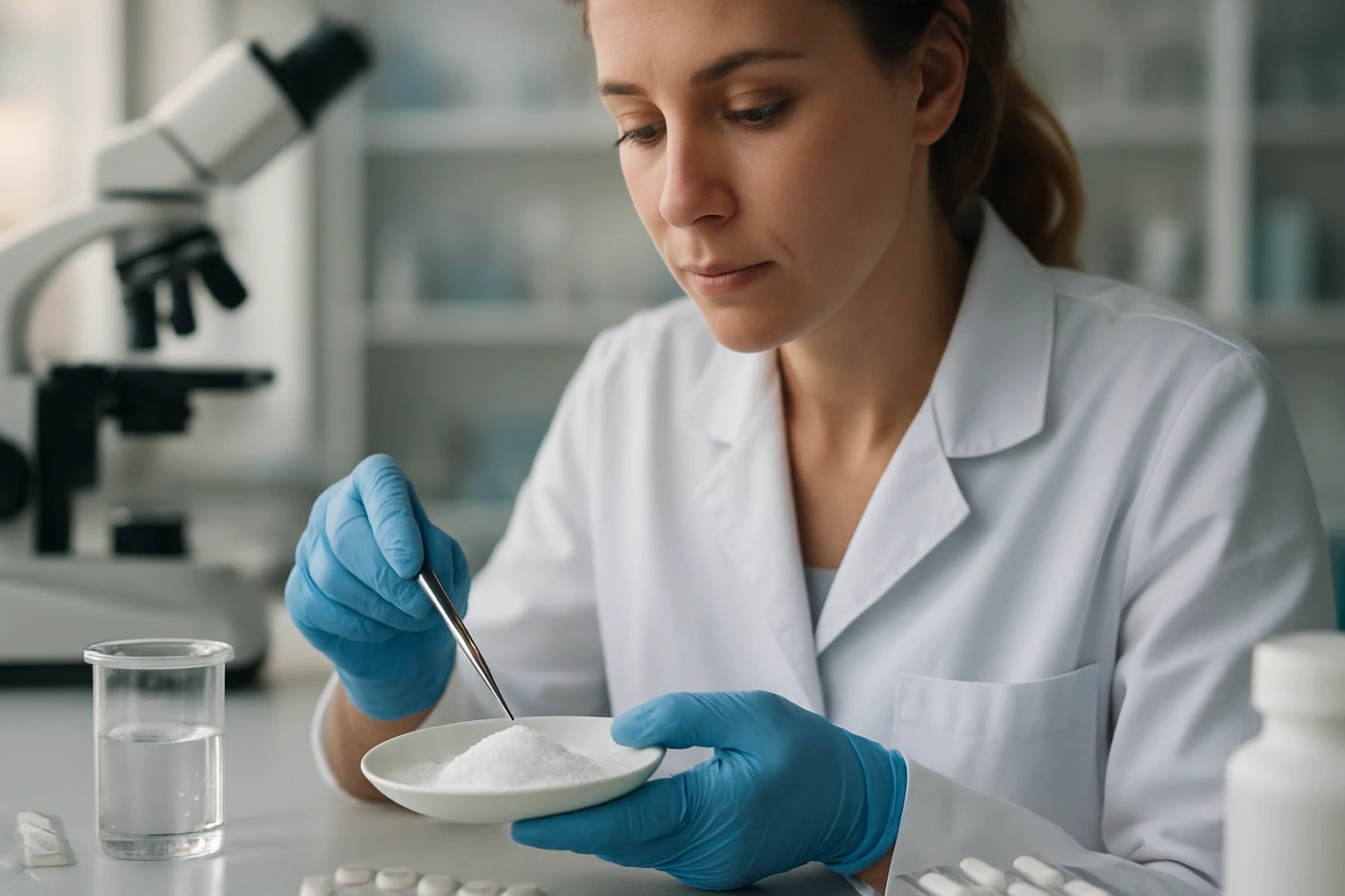 Eine Wissenschaftlerin in einem Labor, die mit einer Pinzette ein Pulver in einer Schüssel untersucht.