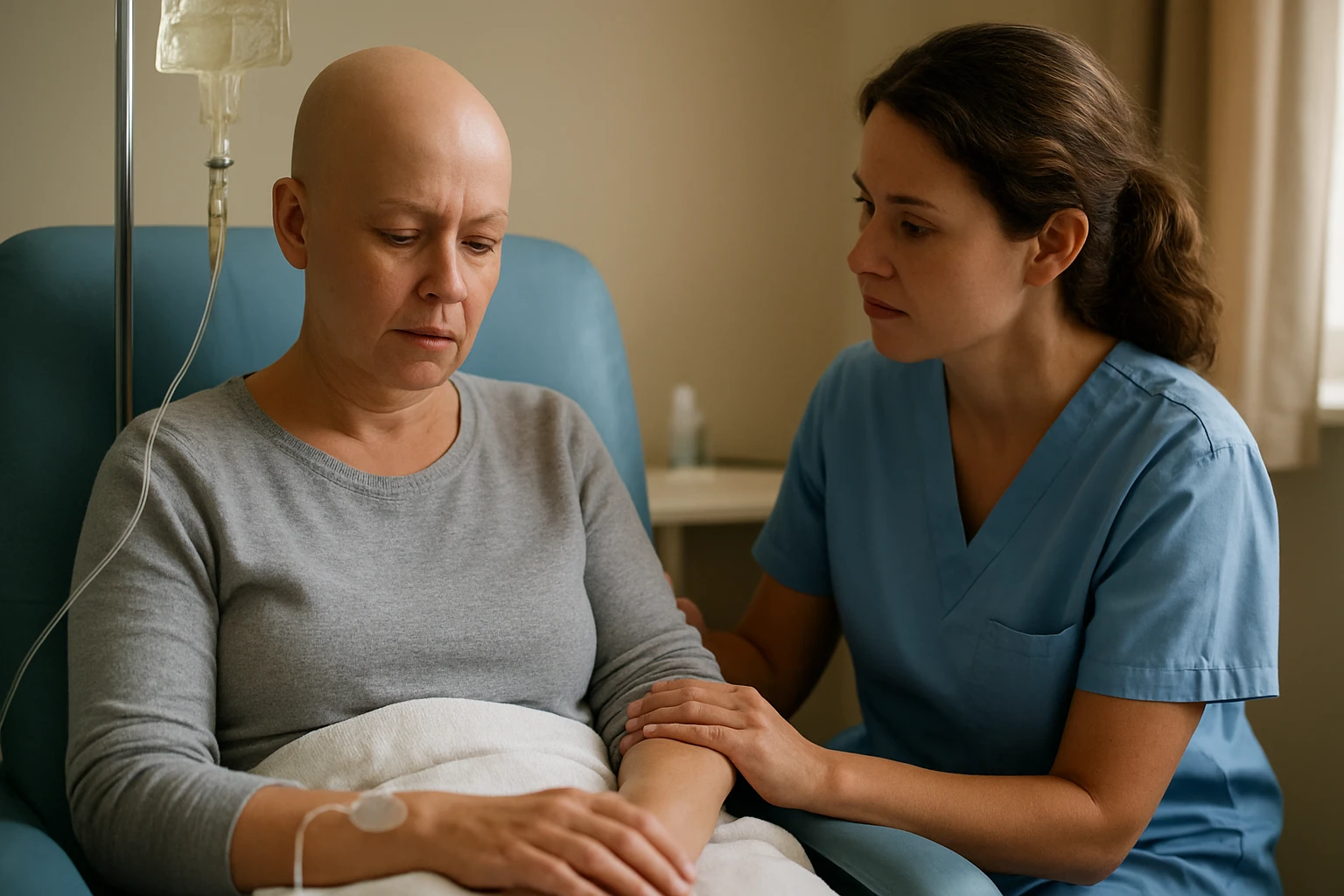 Eine Frau hält eine Tablette in der Hand, während ein Arzt sie berät.