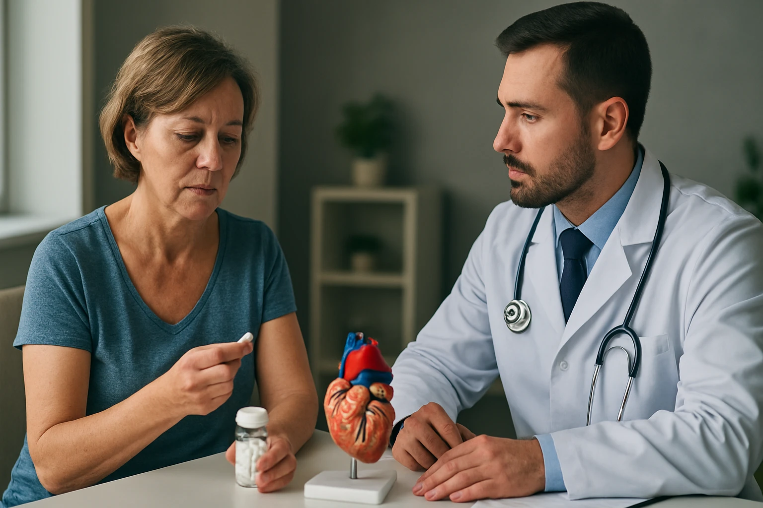 Eine Frau hält eine Tablette in der Hand und schaut nachdenklich, während ein Arzt sie berät.