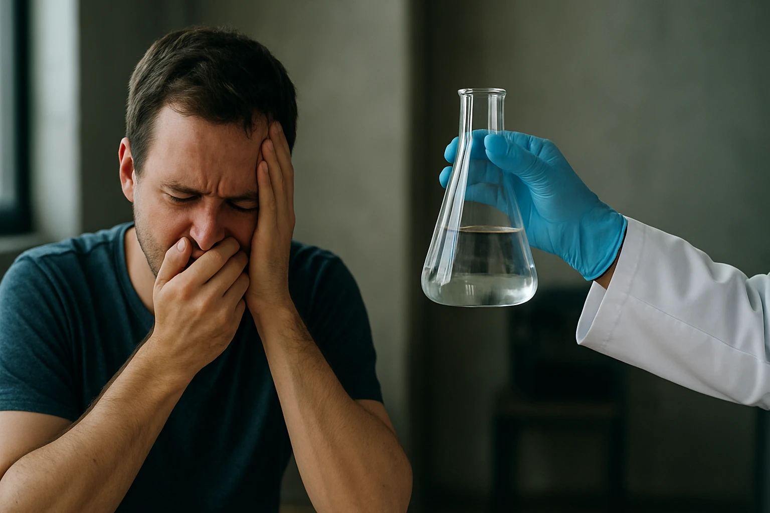 Ein Mann mit Schmerzen hält sich den Kopf, während ihm ein Arzt ein Reagenzglas reicht.