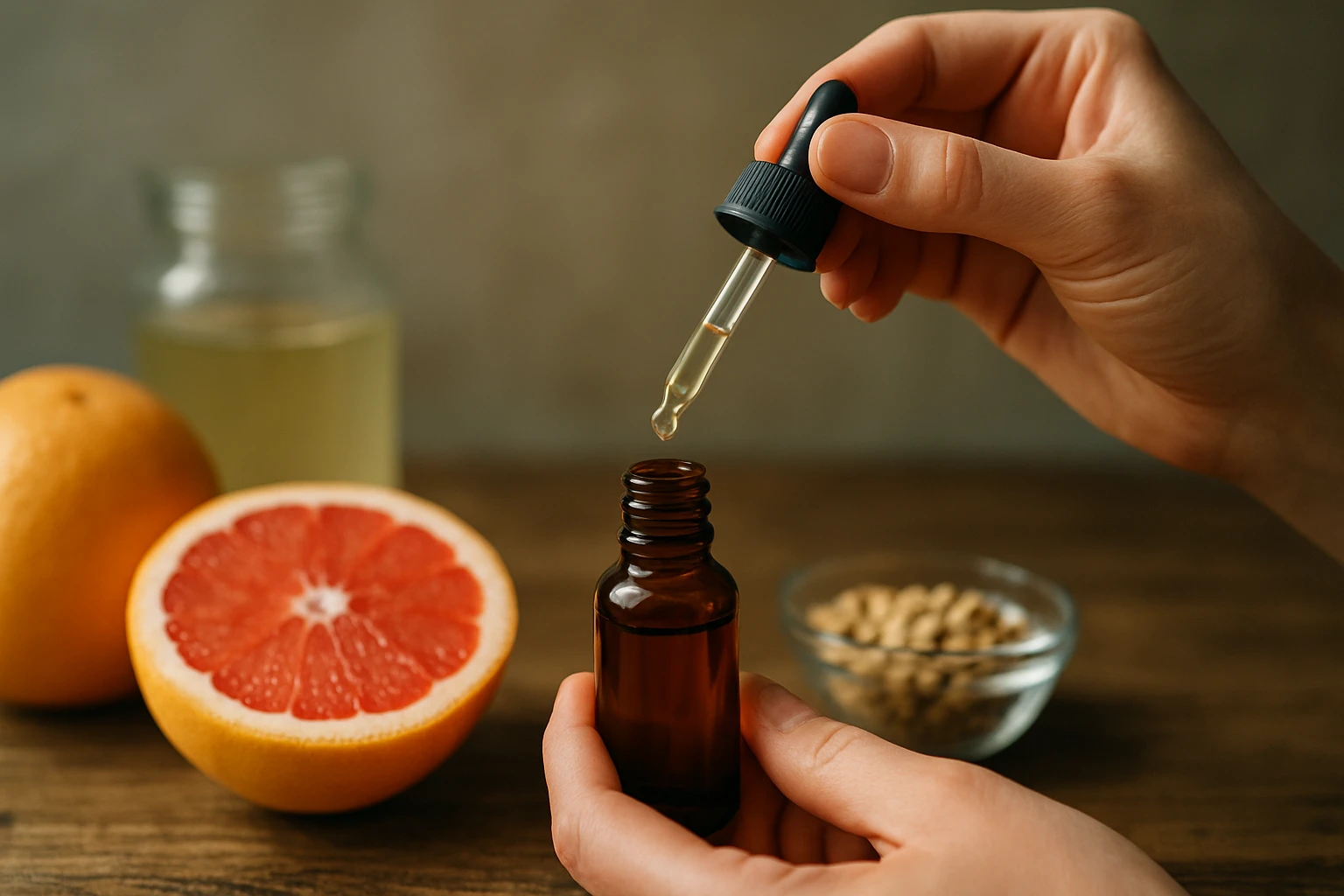 Eine Hand hält eine Pipette über eine braune Flasche, um ätherisches Öl abzugeben, umgeben von Grapefruit und anderen Zutaten.