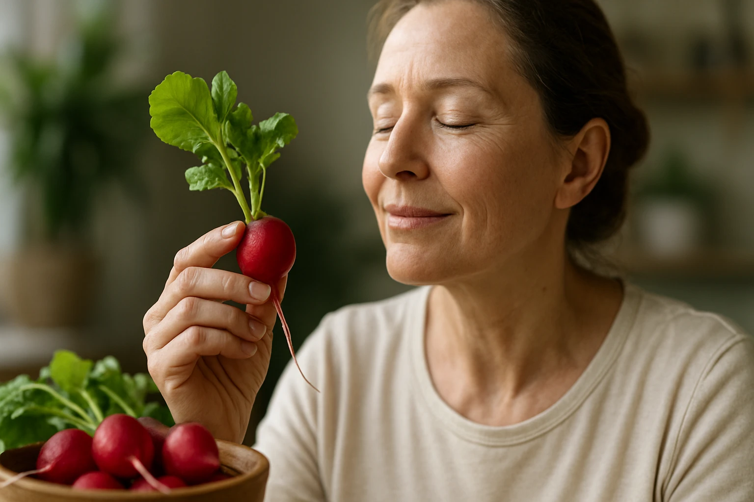 Eine Frau bei einer Augenuntersuchung, die auf ein Gerät schaut.