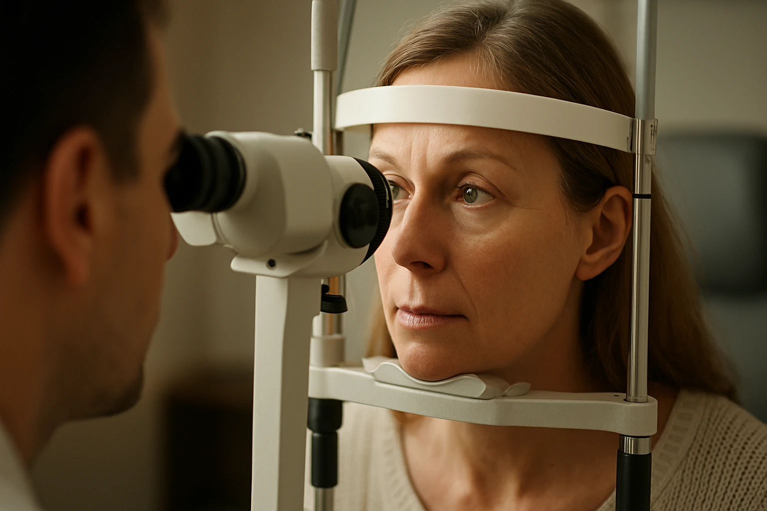 Eine Frau wird bei einer Augenuntersuchung von einem Arzt untersucht.