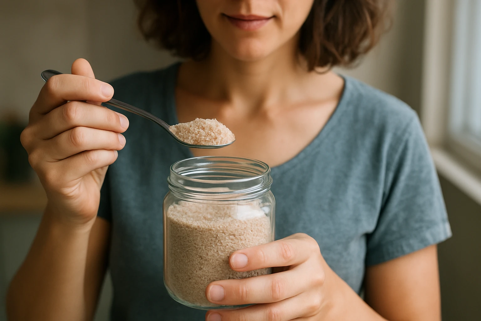 Eine Person hält einen Löffel mit braunem Zucker über ein Glas mit Zucker.