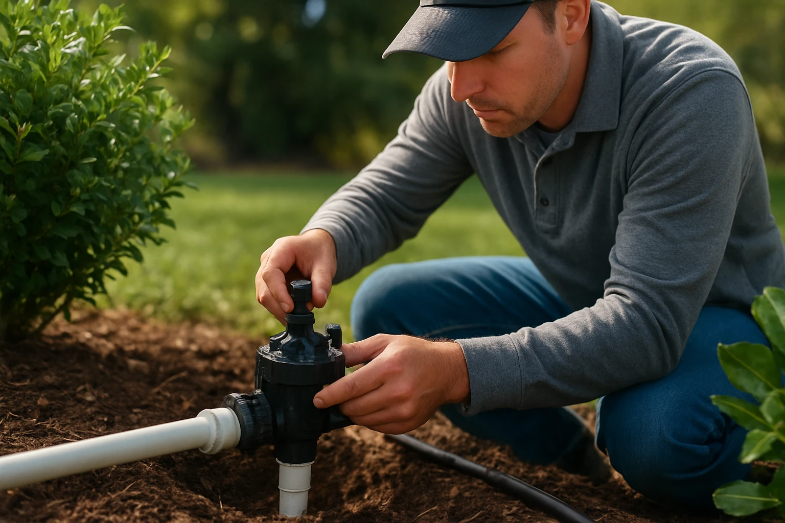 Ein Mann justiert ein Bewässerungssystem im Garten, um Pflanzen zu pflegen.