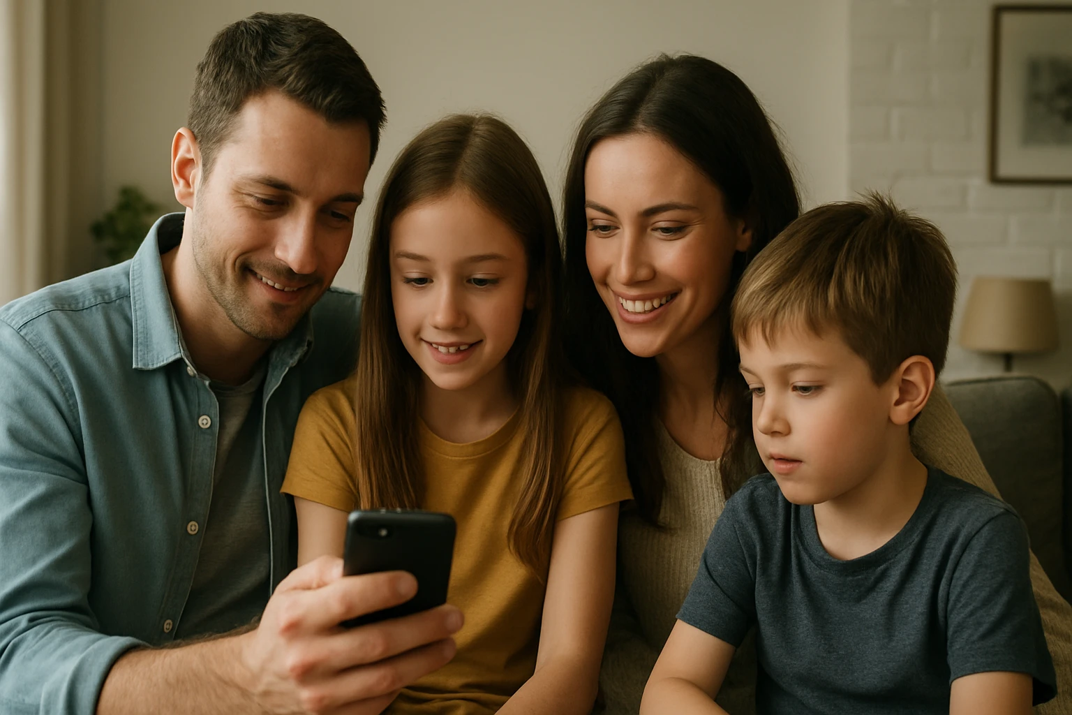 Eine Familie schaut gemeinsam auf ein Smartphone und lächelt.