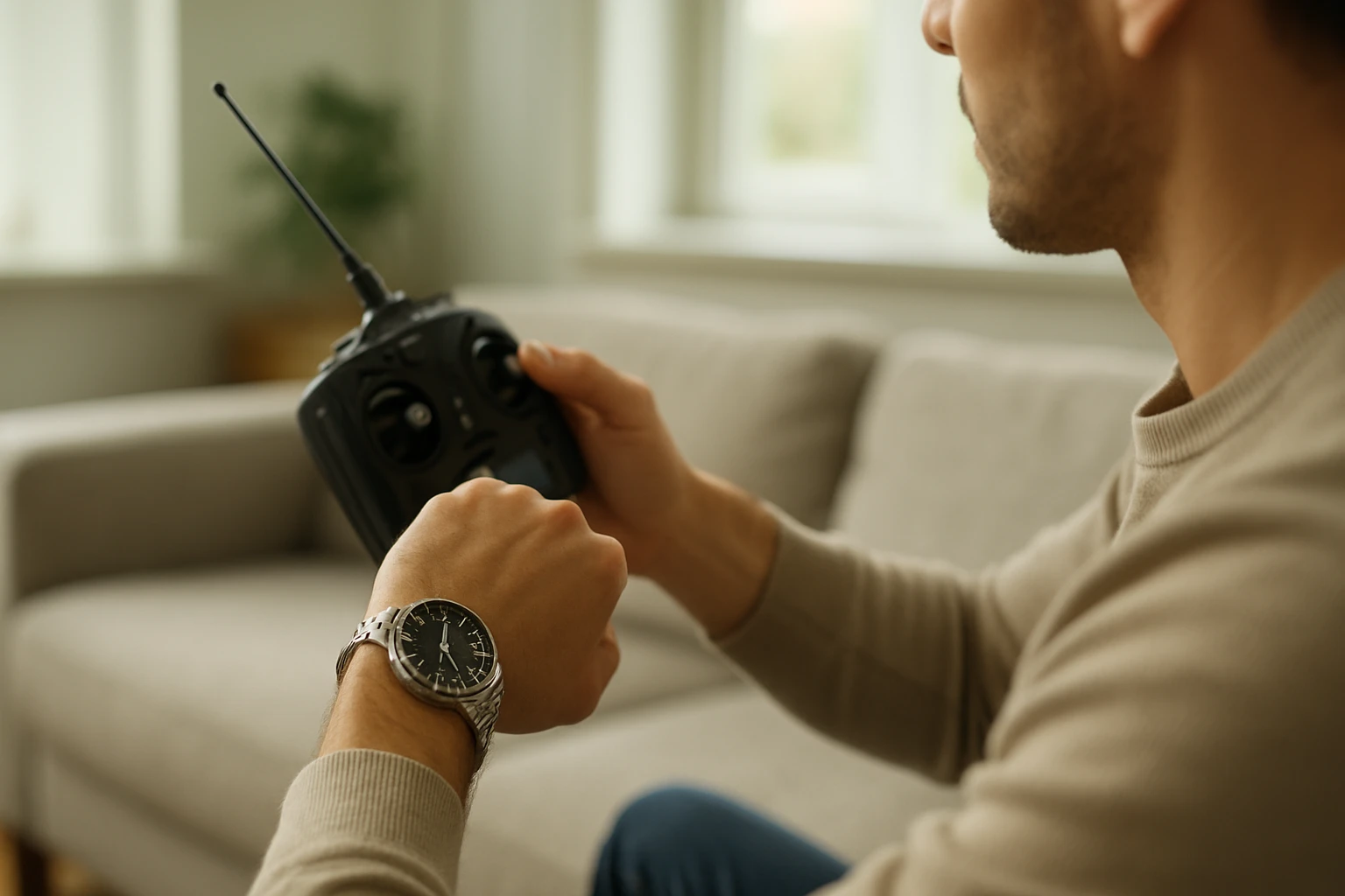 Ein Mann hält einen Fernsteuerungssender in der Hand und schaut konzentriert.