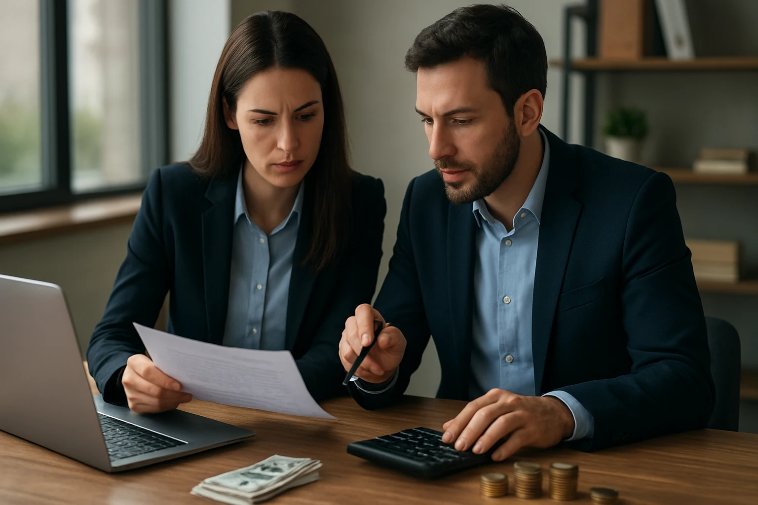 Ein Mann und eine Frau in Anzügen analysieren Dokumente und Zahlen am Tisch.