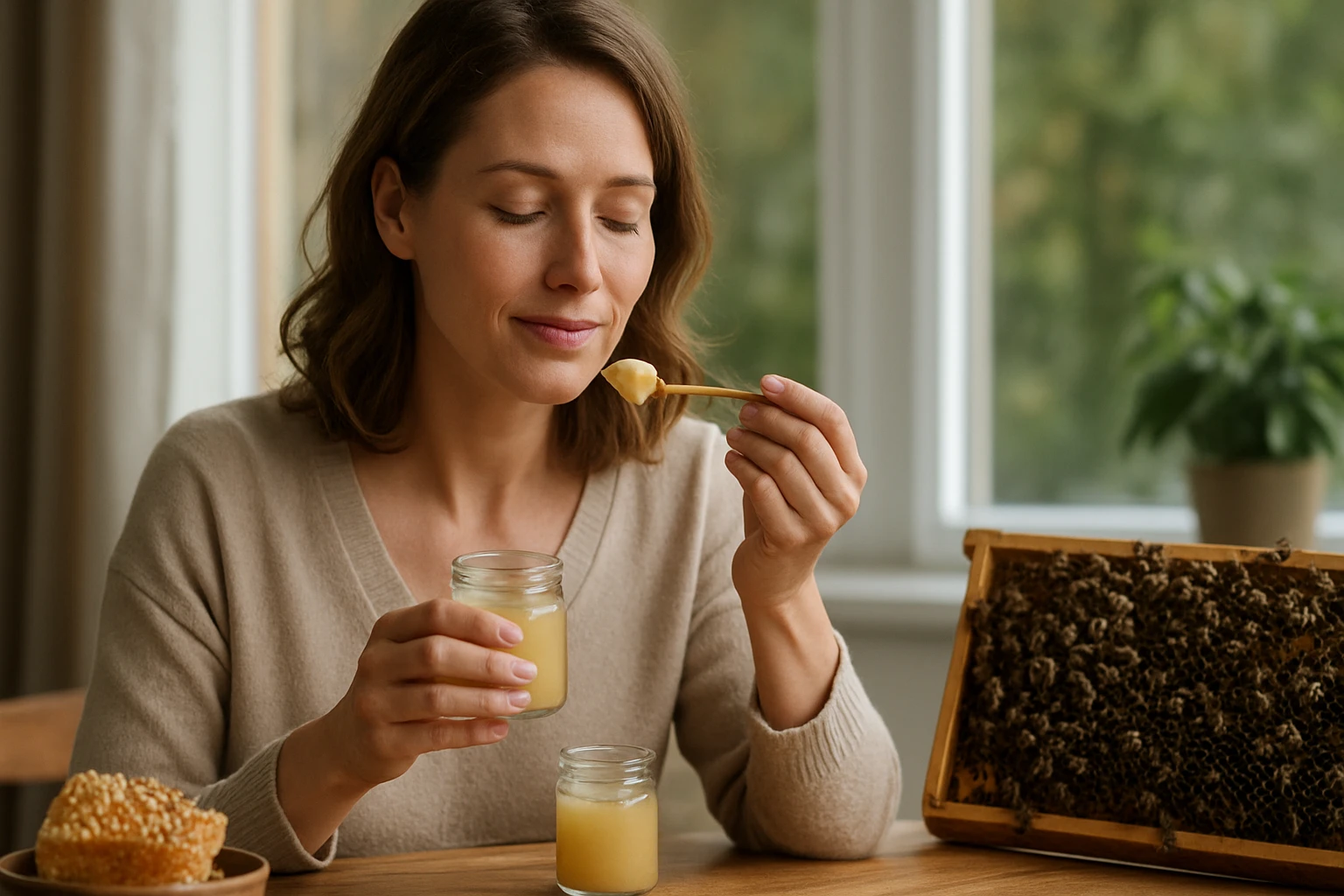 Eine Frau genießt Honig aus einem Glas mit einem Holzlöffel.