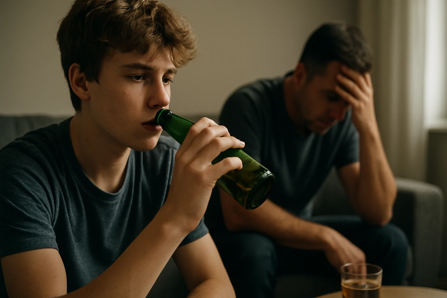 Eine Frau betrachtet eine Tablette, während ein Arzt ihr gegenüber sitzt.