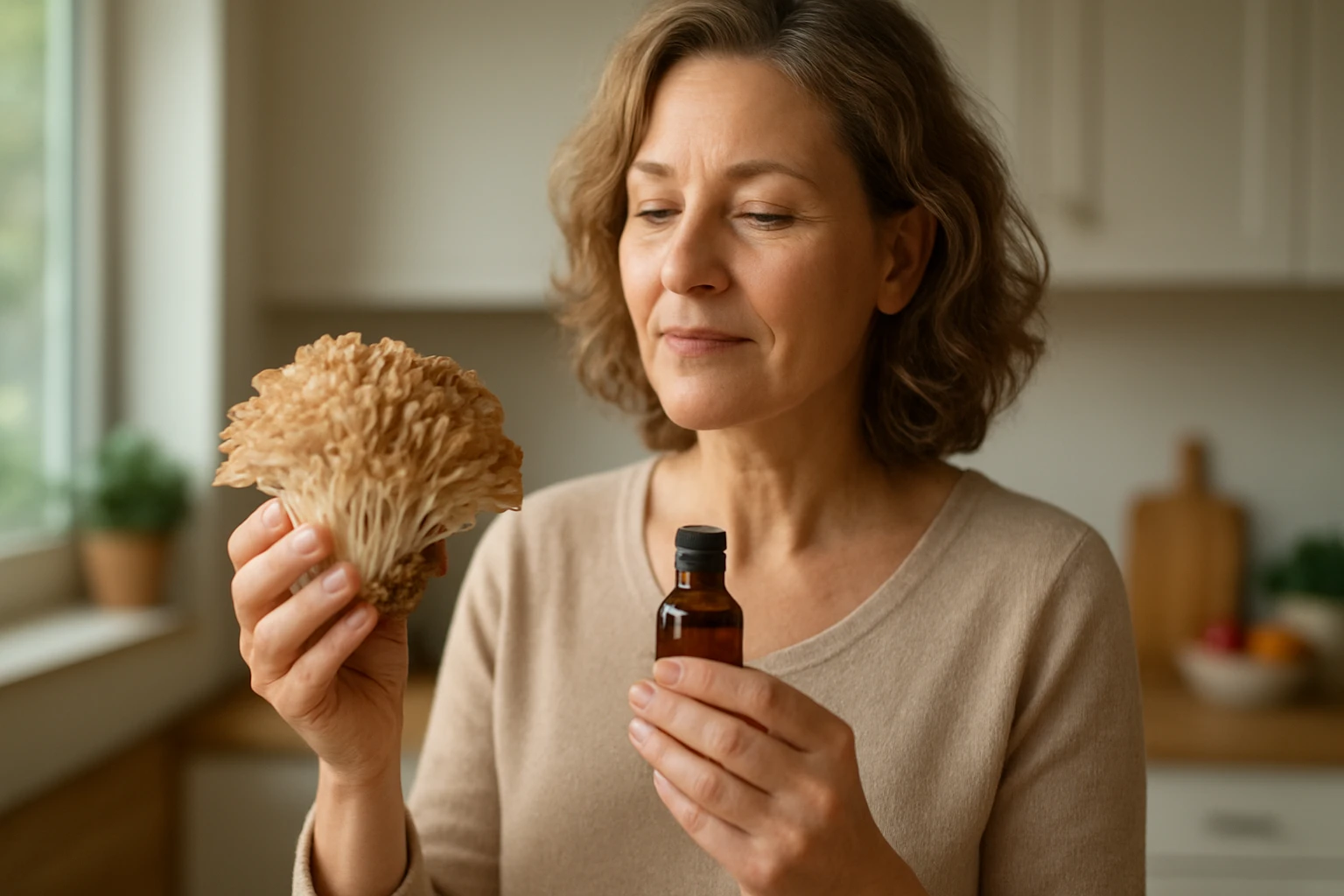 Eine Frau hält eine Schüssel mit Hanfsamen und betrachtet eine Hanfpflanze.