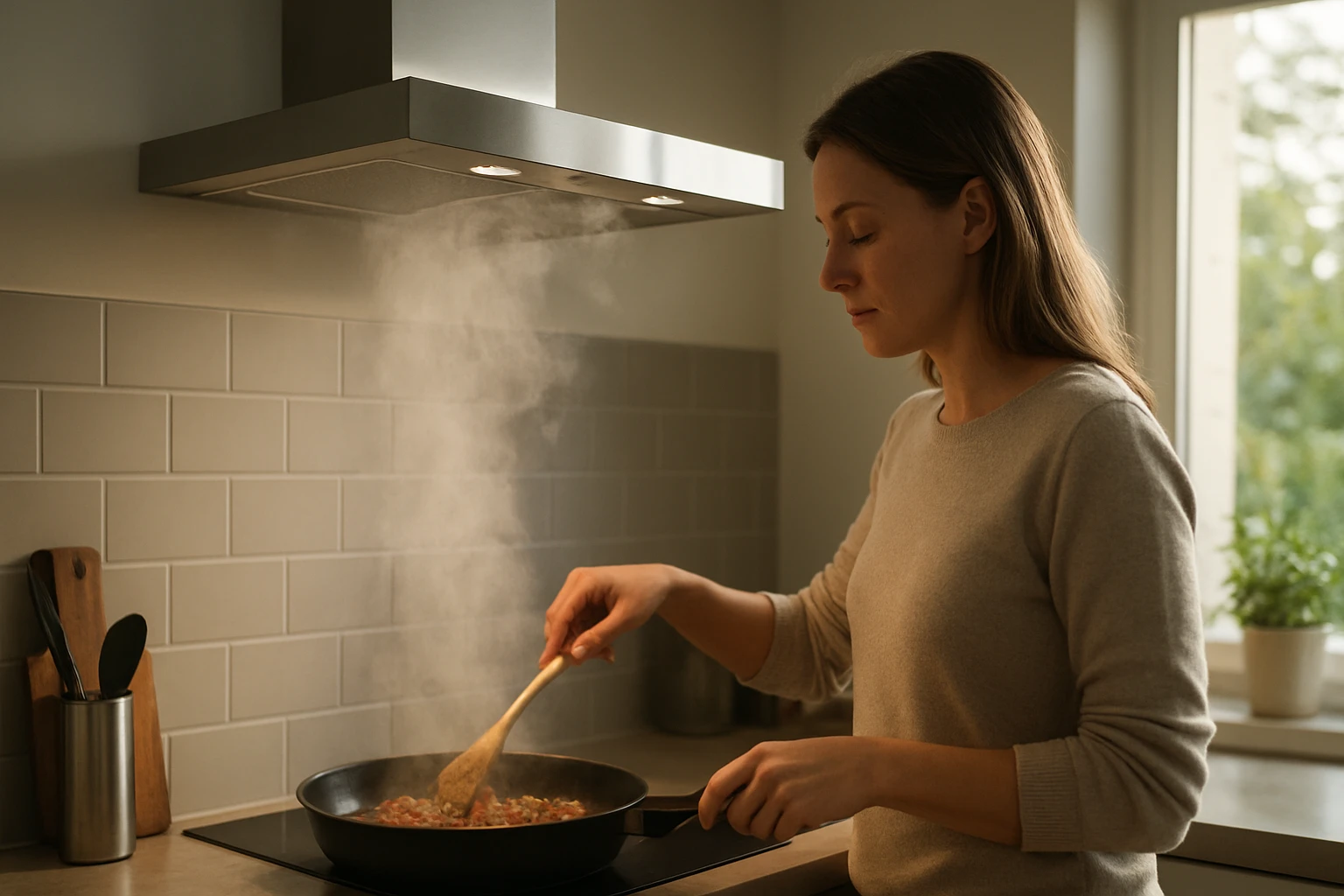 Eine Frau hält eine Schüssel mit Hanfsamen und betrachtet eine Hanfpflanze.