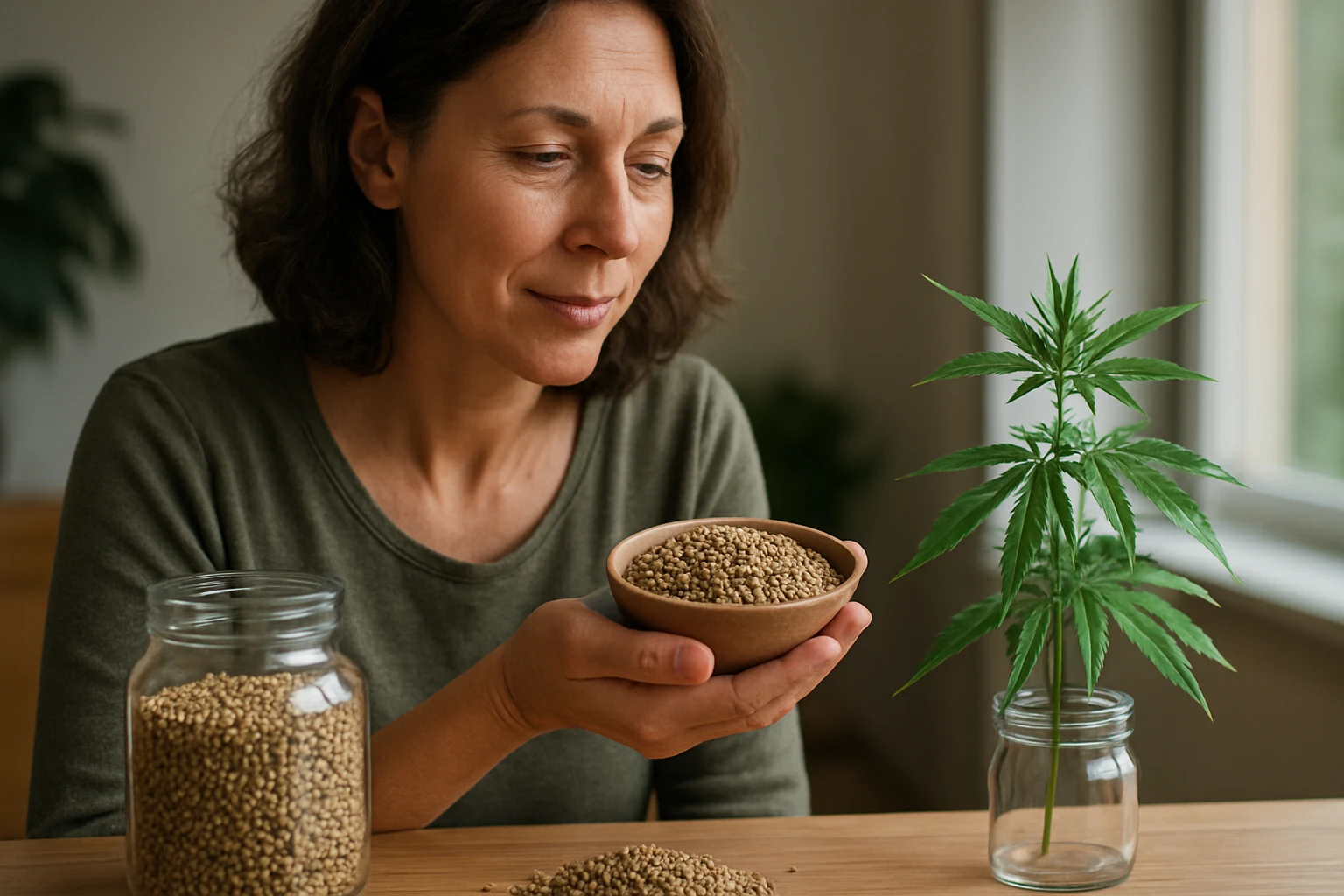 Eine Frau hält eine Schüssel mit Hanfsamen in der Hand, während sie eine Hanfpflanze betrachtet.
