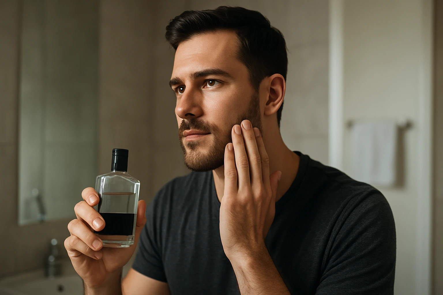 Ein Mann betrachtet einen Flakon mit Hautpflegeprodukt im Badezimmer.
