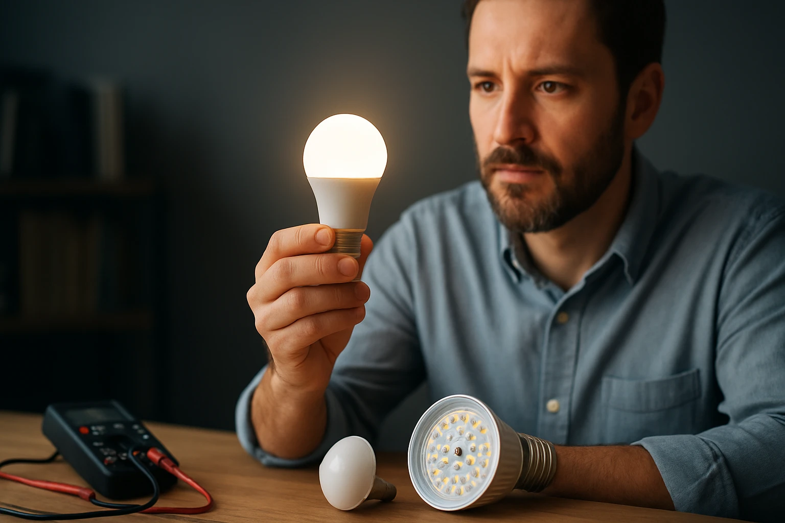 Ein Mann betrachtet einen Flakon mit Hautpflegeprodukt im Badezimmer.
