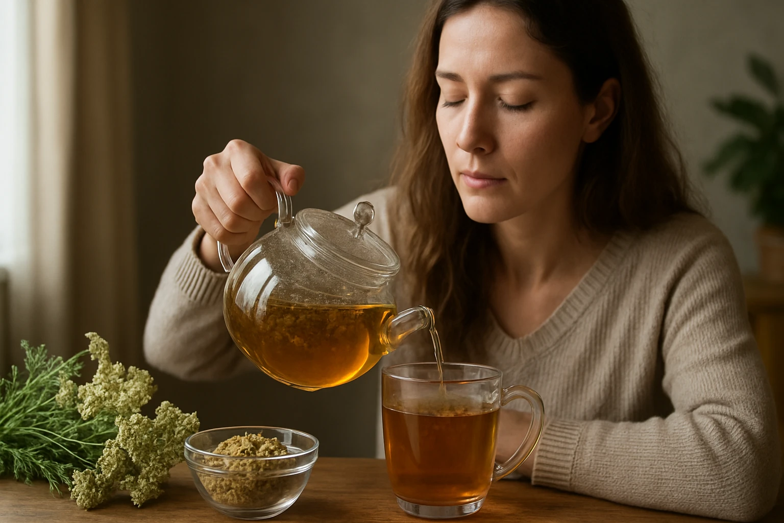 Eine Frau genießt eine Tasse Kräutertee, während ein Arzt im Hintergrund sitzt.