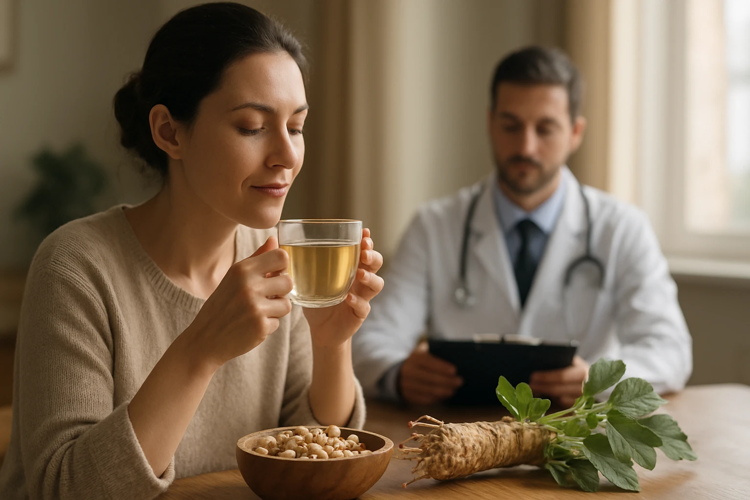 Eine Frau genießt eine Tasse Kräutertee, während ein Arzt im Hintergrund sitzt.