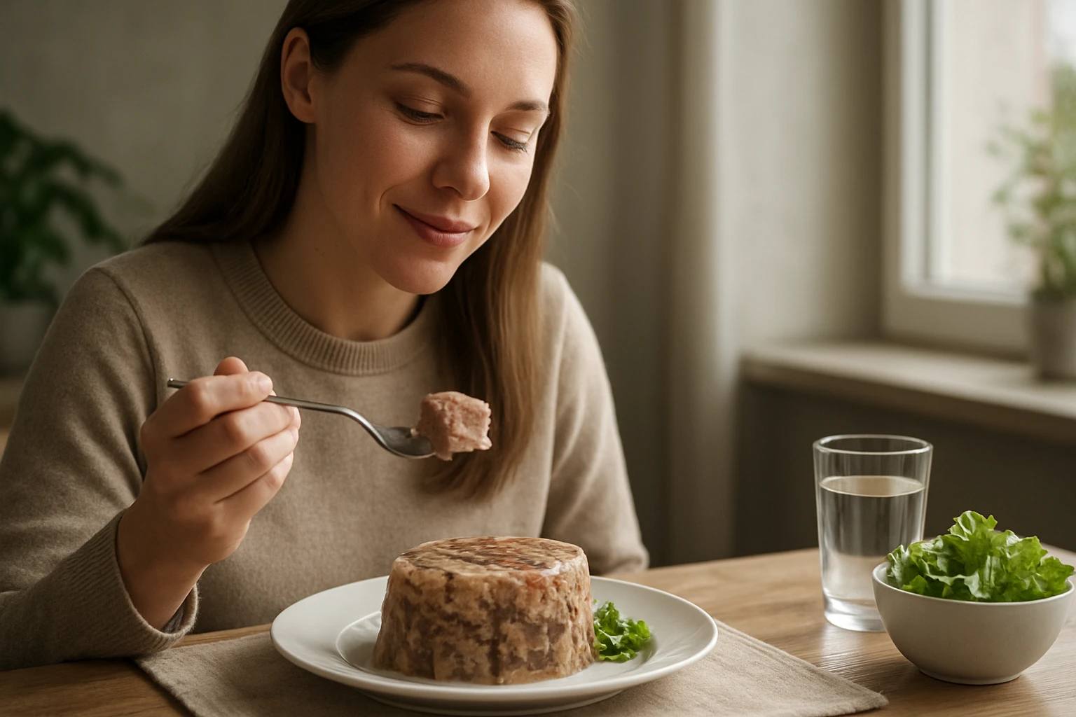 Eine Frau genießt ein Gericht aus Fleisch in einer Schüssel, umgeben von Salat.