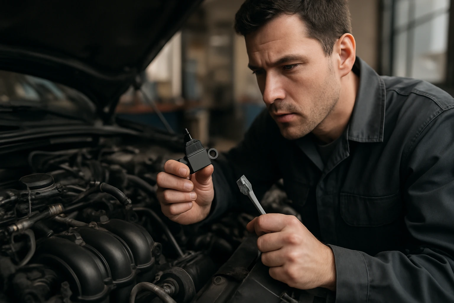 Ein Mechaniker untersucht sorgfältig ein Autoteil unter der Motorhaube.