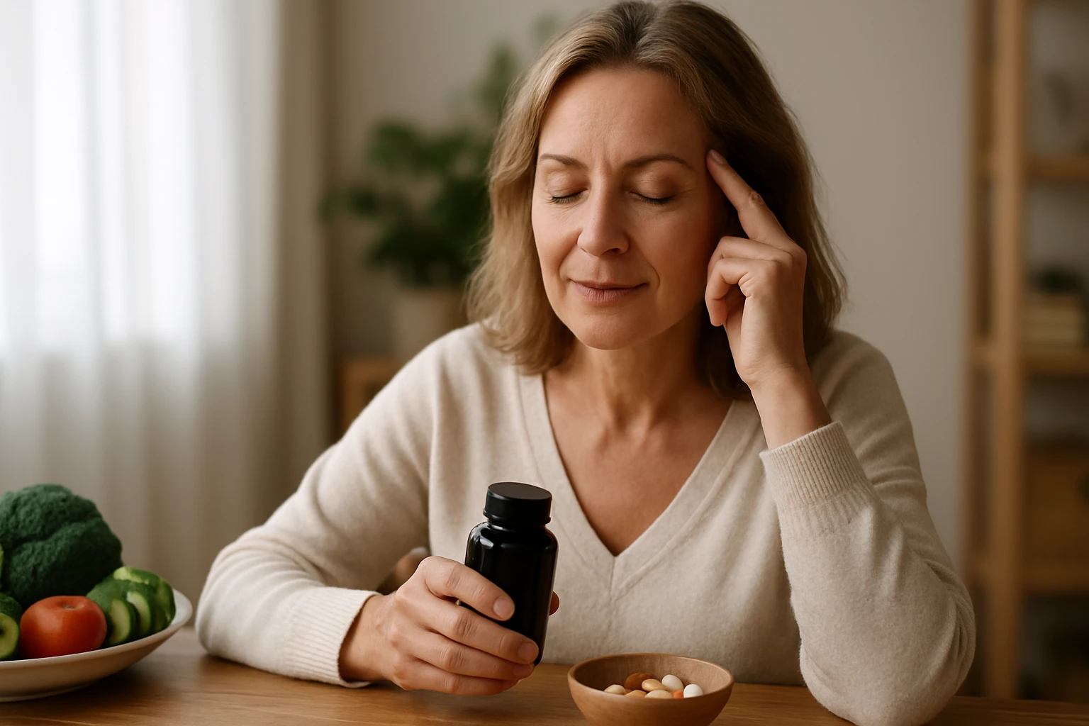Eine Frau sitzt am Tisch und hält ein Nahrungsergänzungsmittel in der Hand.