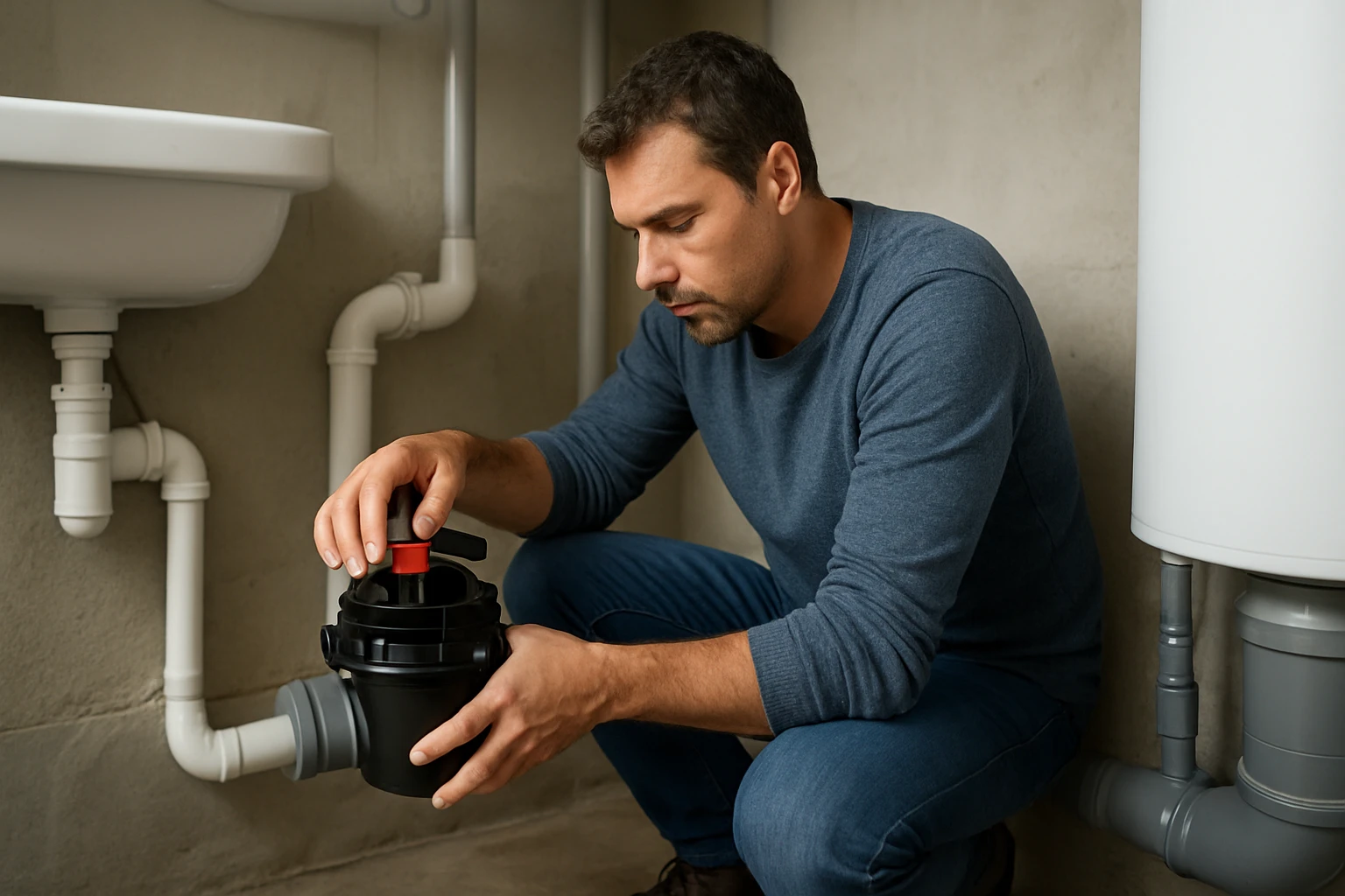 Eine Frau sitzt am Tisch und hält eine Flasche mit Nahrungsergänzungsmitteln in der Hand.