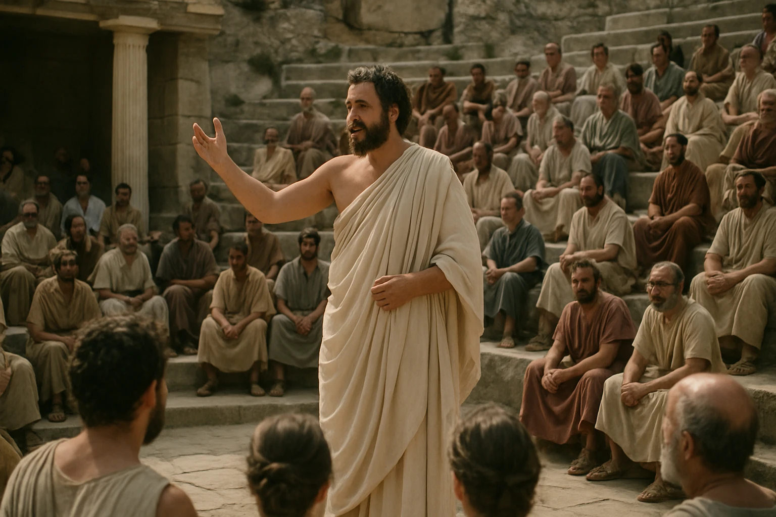 Eine Frau sitzt im Freien und lächelt, während sie eine Kastanie hält.