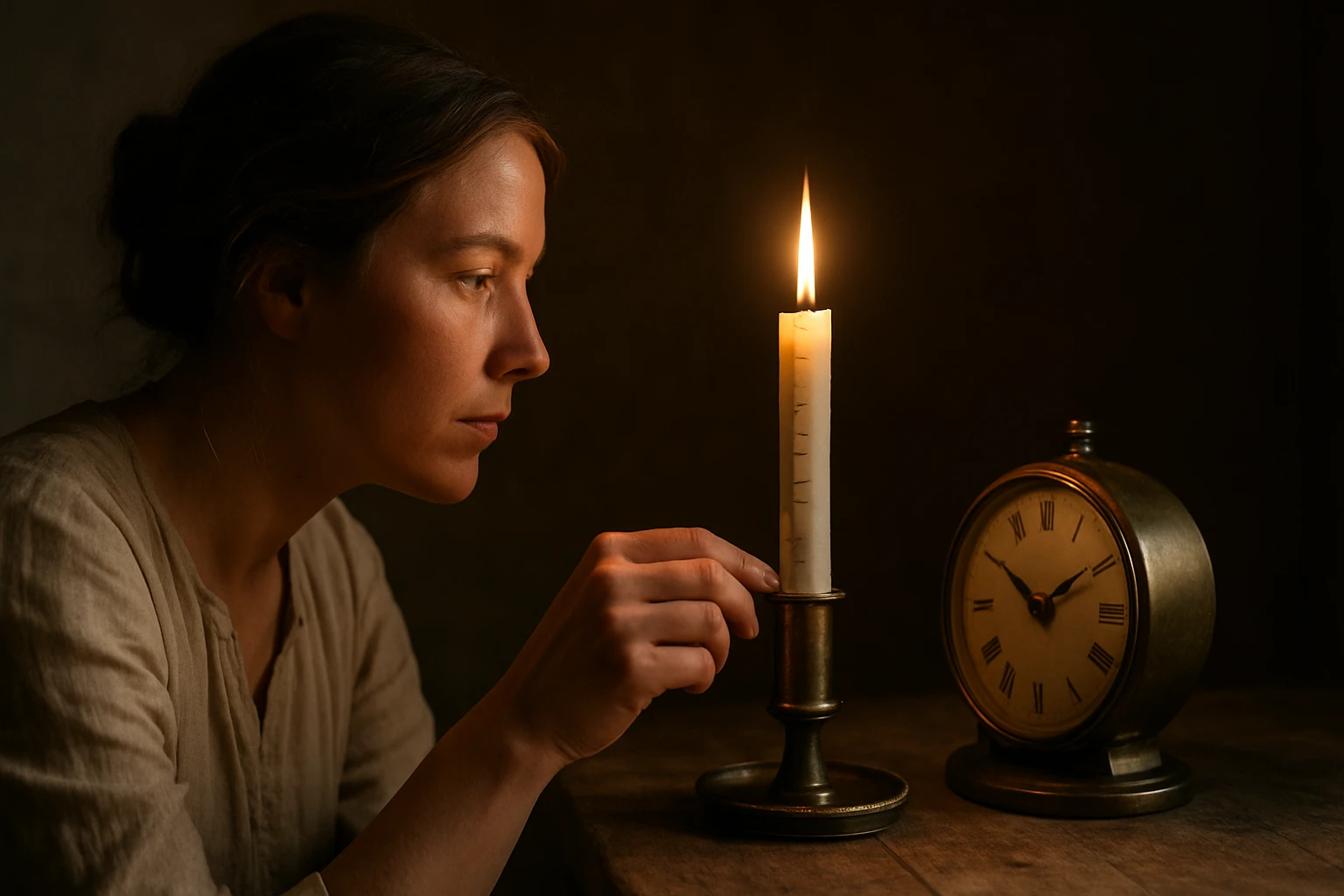Eine Frau sitzt im Freien und berührt ihr Gesicht, umgeben von Kastanien und Öl.