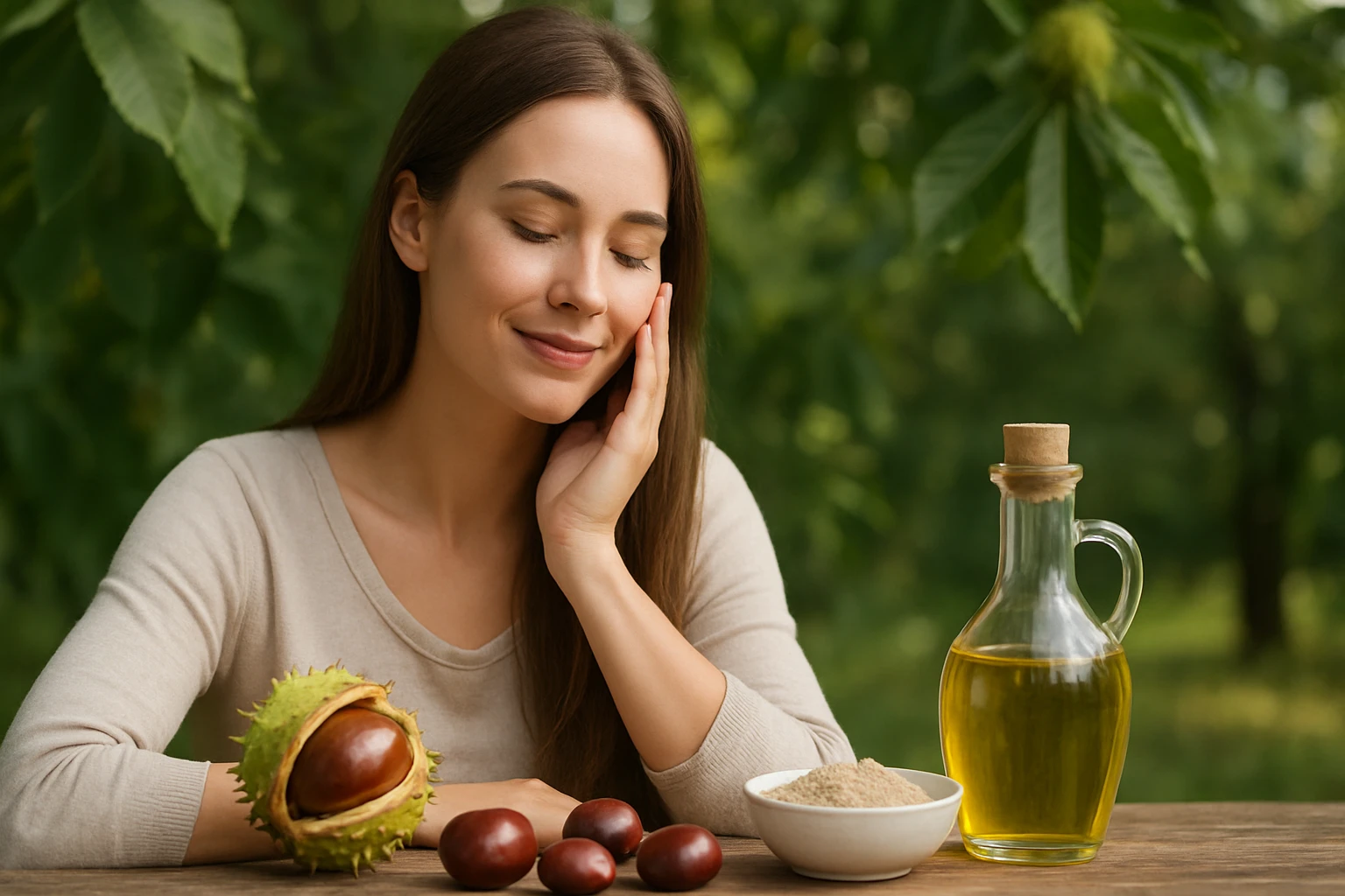 Eine Frau mit geschlossenen Augen berührt ihr Gesicht, umgeben von Kastanien und Öl.