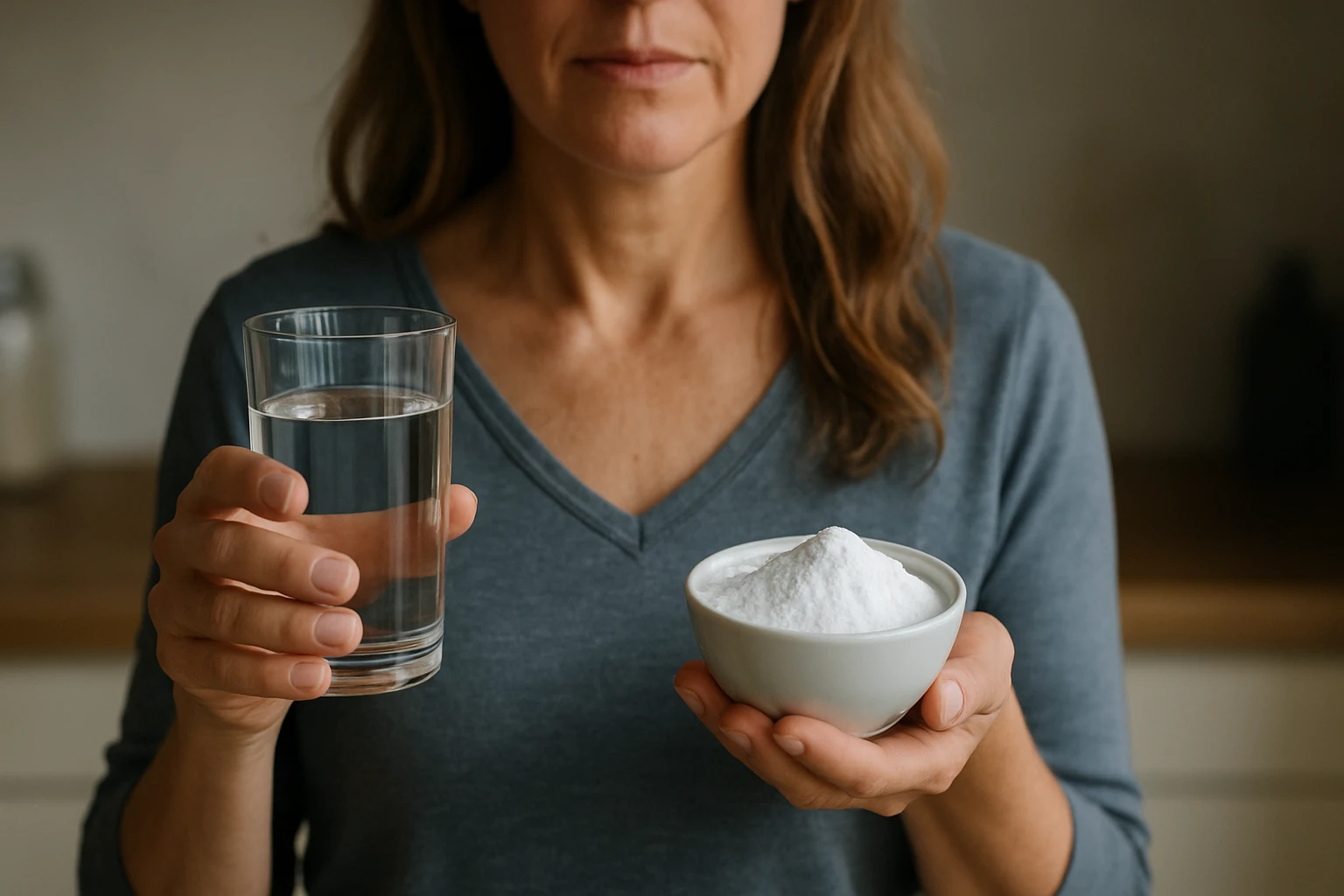 Eine Frau hält ein Glas Wasser in einer Hand und eine Schüssel mit weißem Pulver in der anderen.
