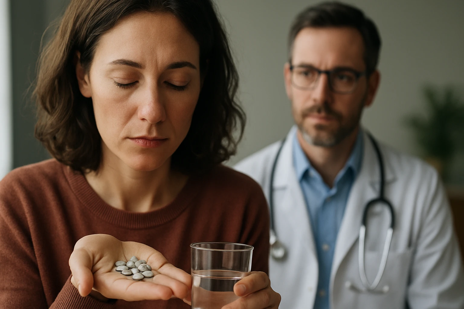 Eine Frau hält eine Handvoll Tabletten und ein Glas Wasser, während sie nachdenklich aussieht.