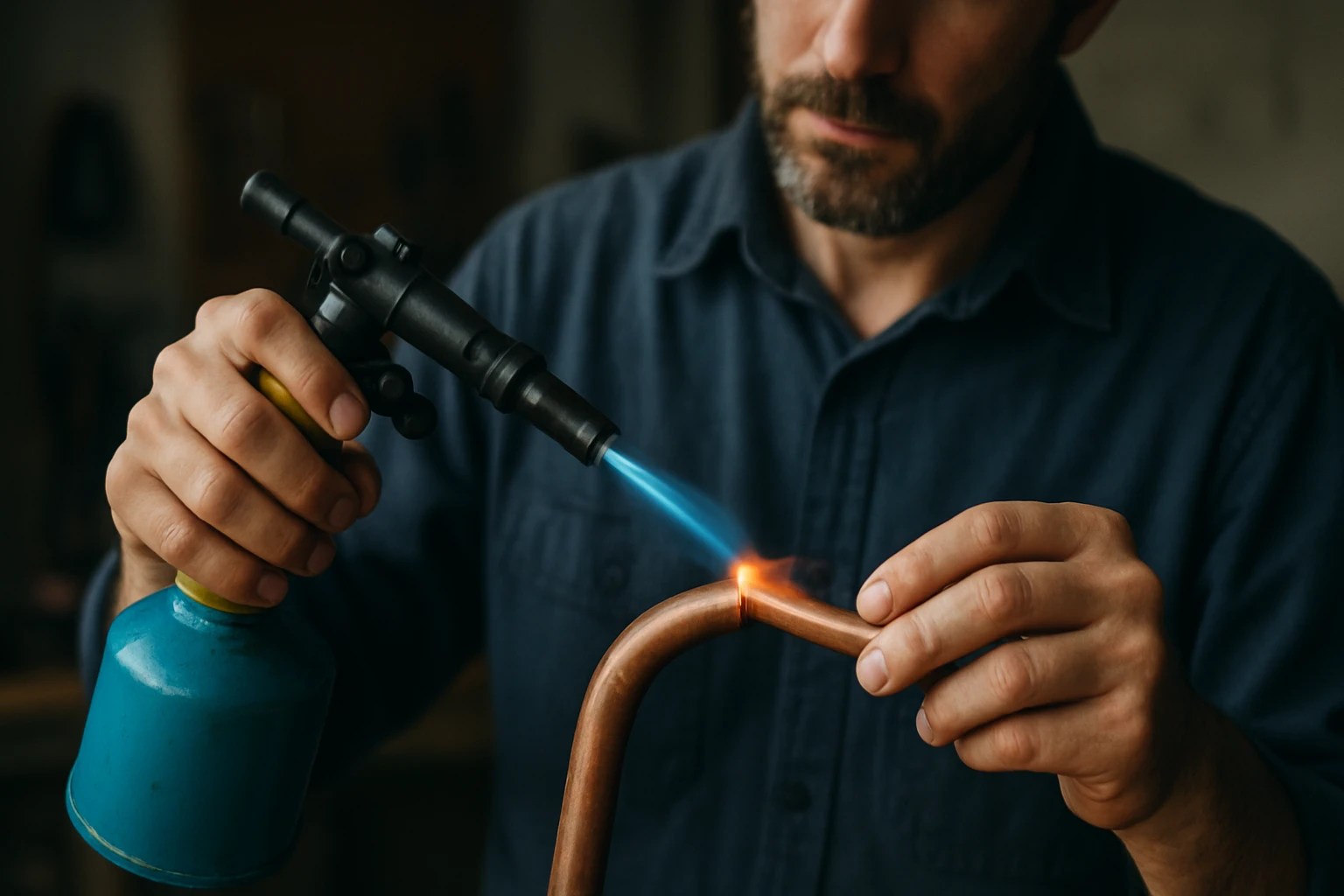 Ein Handwerker schweißt ein Kupferrohr mit einem Brenner.