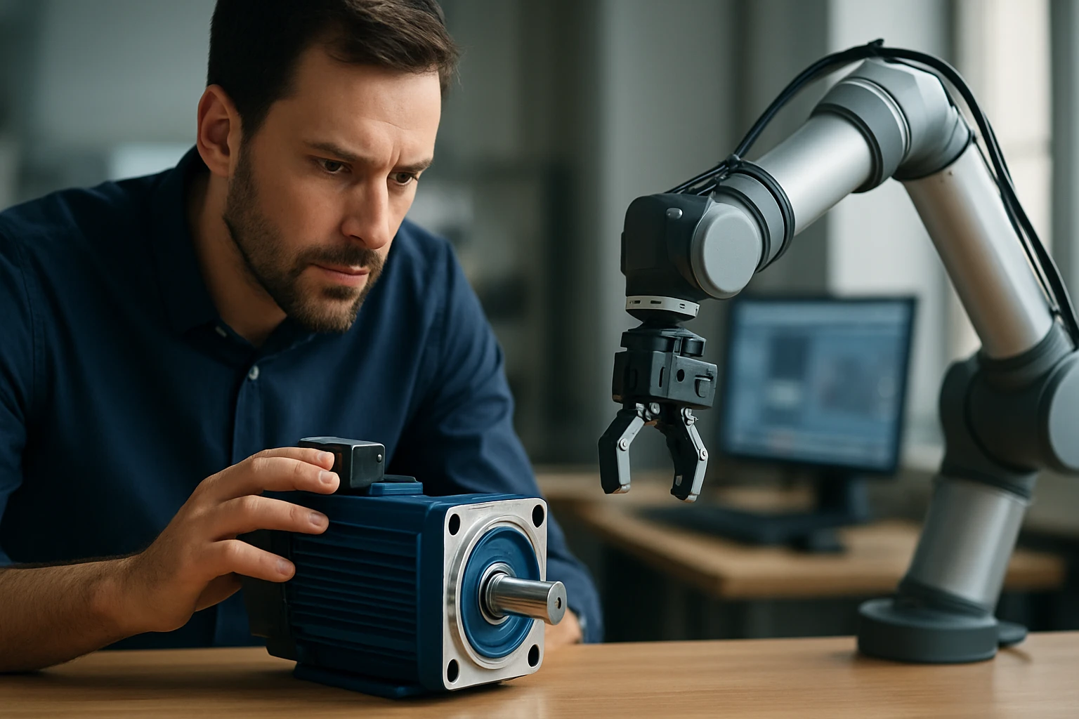 Ein Mann untersucht einen Elektromotor, während ein Roboterarm daneben steht.