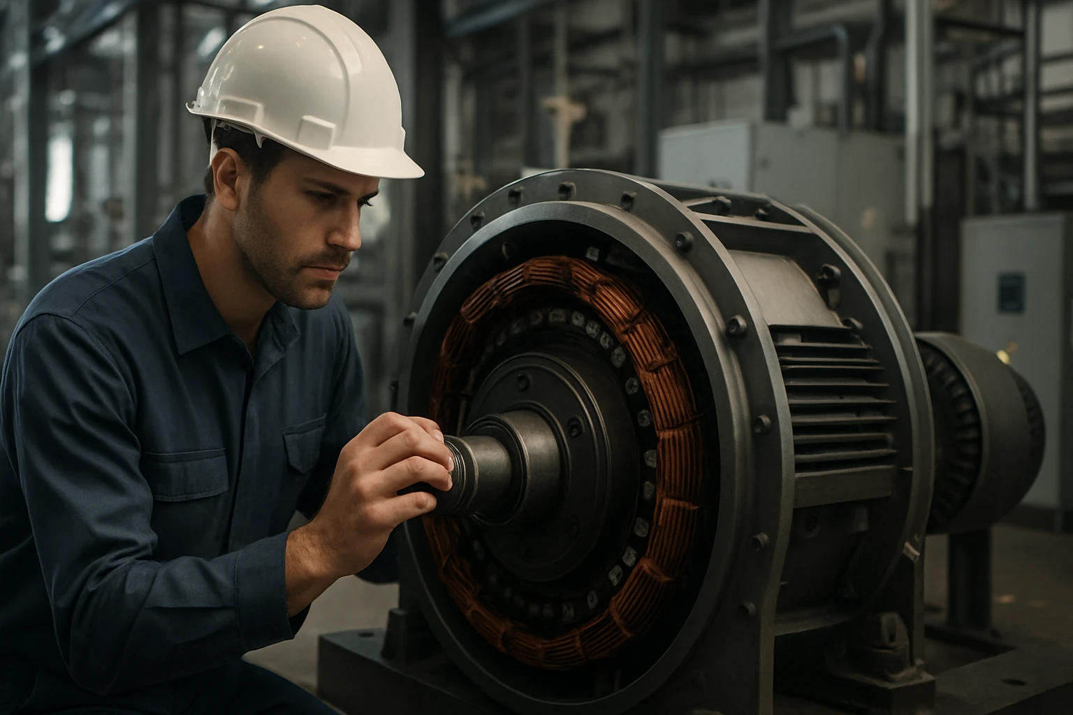 Ein Techniker in einem blauen Overall und Helm arbeitet an einem Elektromotor.
